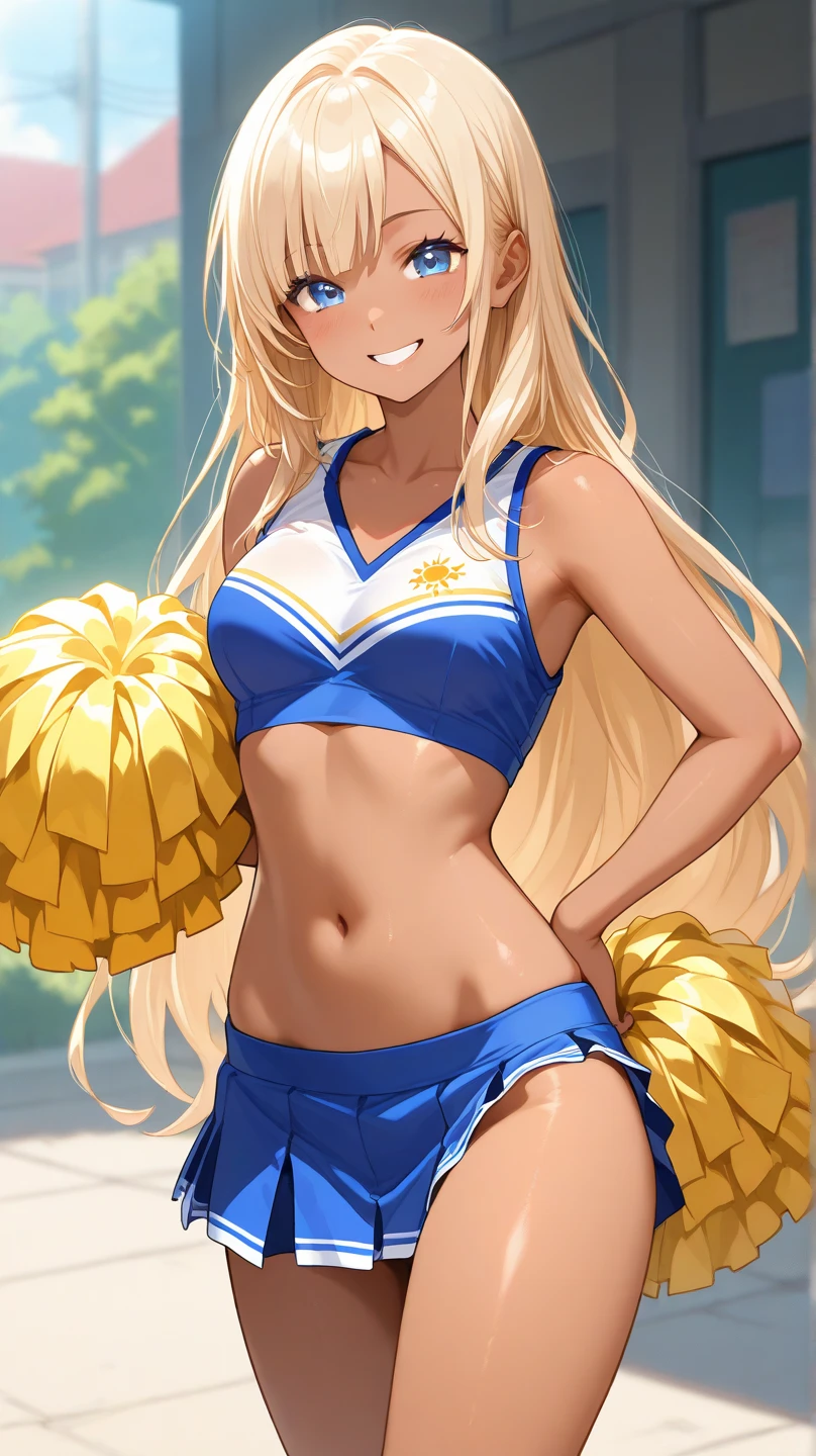 High Definition CG8K Wallpaper), (Very Delicate and Beautiful), (Best Quality:1.0), (Ultra High Definition:1.0), (Very Delicate Hair), Realistic Shadows, [High Definition], Detailed Skin, (Very Delicate Eyes), Cheerleader, (Full Body), Big Breasts, Sweat, Sweat, Sweat-Wet Clothes, Yellow Clothes, Mini Skirt, Navel Dashi Cheer, Playground, (Jump), (JUMP), Legs Bent Jump, Air, Smile, Blue Sky, Meadow