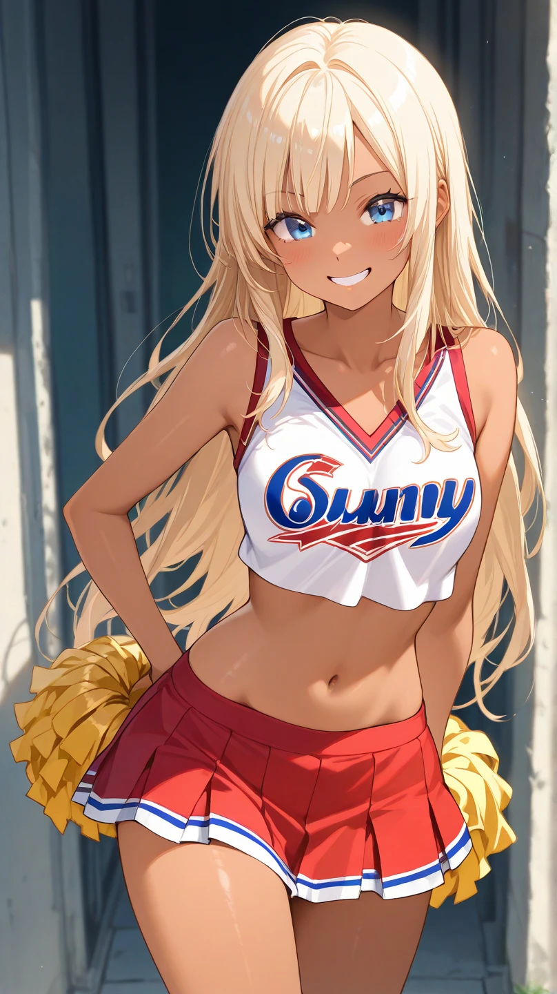 (,young girl ,short stature,gyaru)) ,flat chest,nsfw,,,big head、,long hair,.cheerleader,stand,.shy, sexual ecstasy, blush,see-through micro panty,stand,恥ずかしがっている