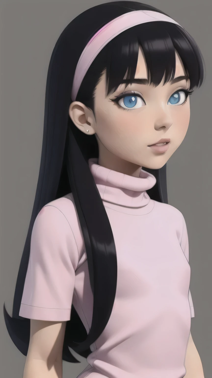 masterpiece, best quality,3d rending work ,3DMM style, portrait, 3D,1girl, solo, realistic, upper body, simple background, trixie tang headband, long hair, black hair, white miniskirt, (pink turtleneck), blue eyes, pink eyeshadow, smooth hair, pupils, flat chest, High Resolution, Best Quality, Detail, High Details, Super Detailed,