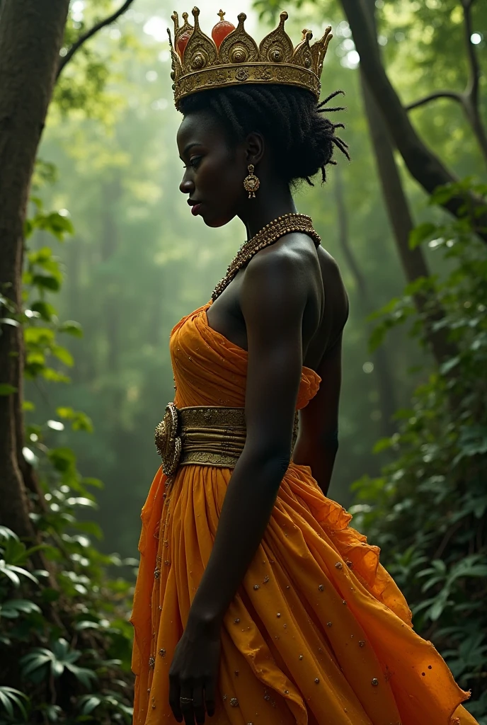 grandma, Deusa africana, senhora, idosa. em vestes roxa escura. whole body standing. in the background in the middle of a swamp in nature. Estilo mito. mistic. poder e magia. uma velha senhora, realista,