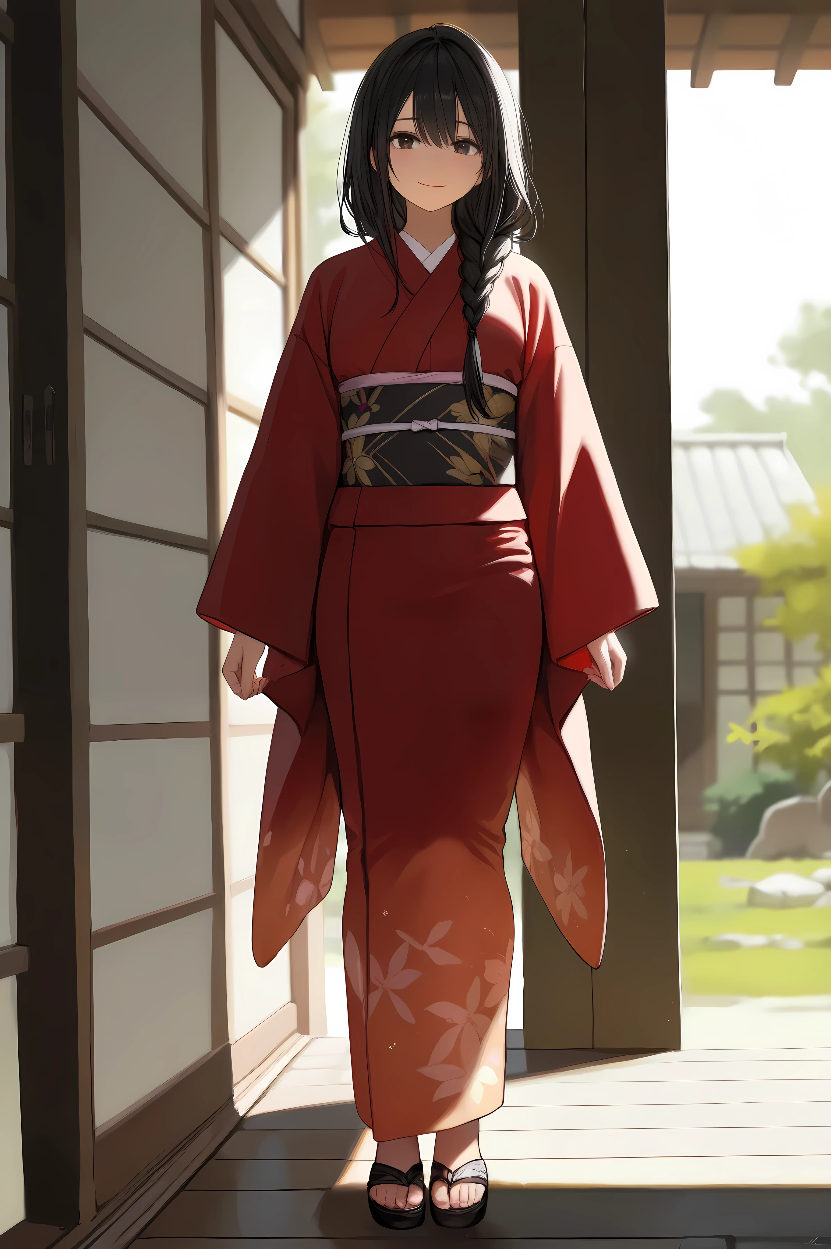 semi-realistic anime style, full body, Japanese girl, delicate features, long black hair in a braid, dark almond-shaped eyes, a subtle hint of sadness, simple kimono, standing, hands resting at her sides, soft lighting, detailed eyes, country side house, perfect face, symmetrical face, good proportions, elegant posture, serene expression, (masterpiece, best quality, highly detailed, 8k resolution)