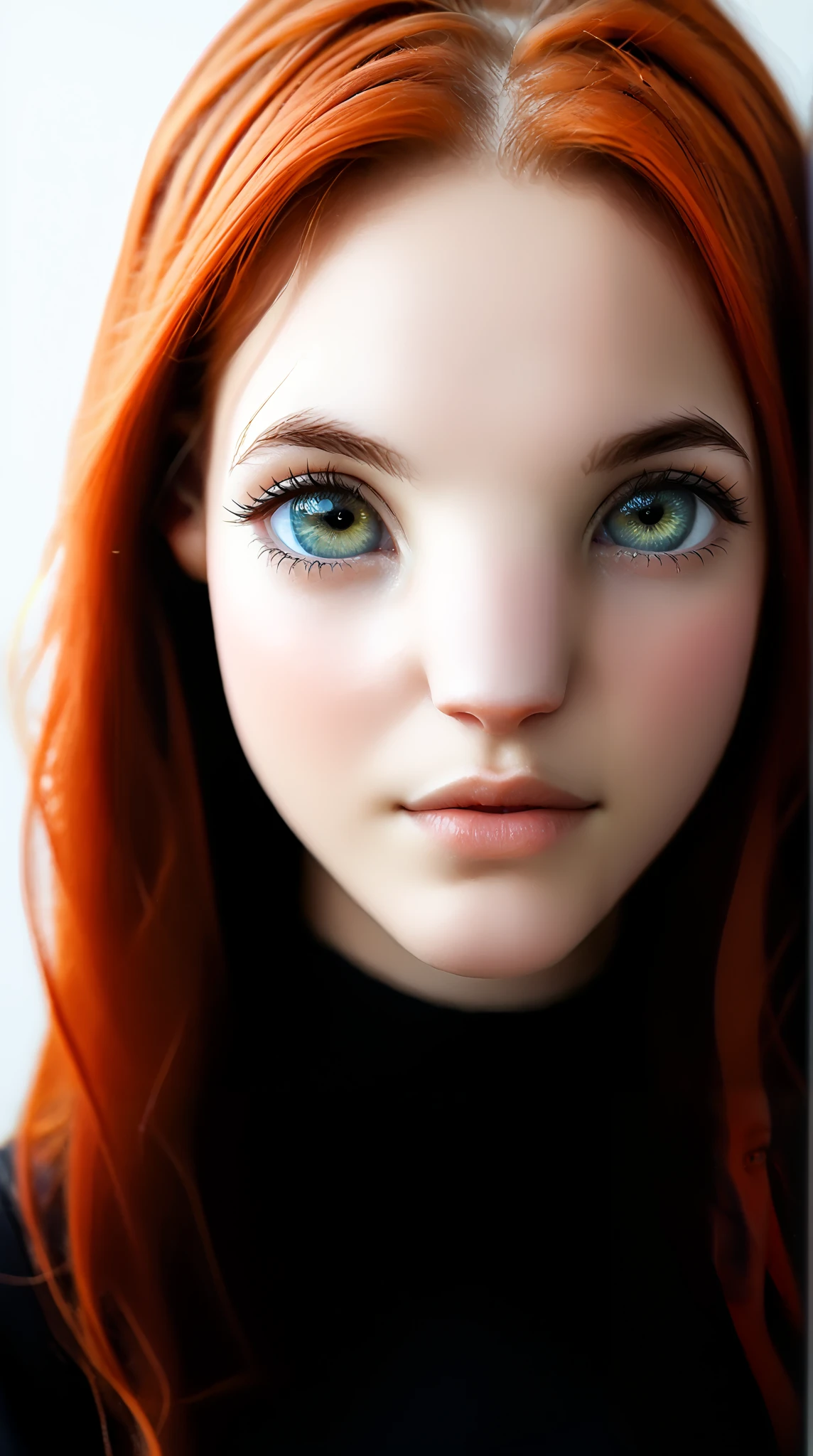 there is a woman with long hair and a black top, close up face female portrait, close up face portrait, woman's face looking off camera, portrait sophie mudd, young woman's face, closeup shot of face, light falling on face, full face close up portrait, detailed face of a woman, closeup on face, close up of face, medium close up portrait,youthful face,ginger hair,