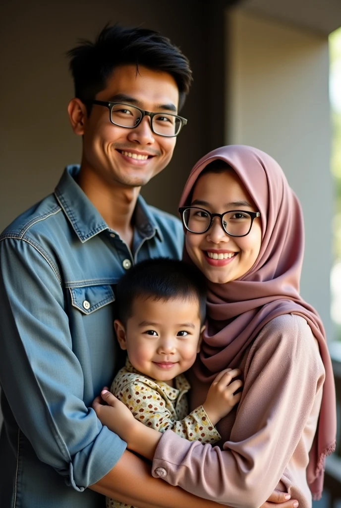 asian man with glasses and beard together with hijab woman wearing glasses with son in Alza car