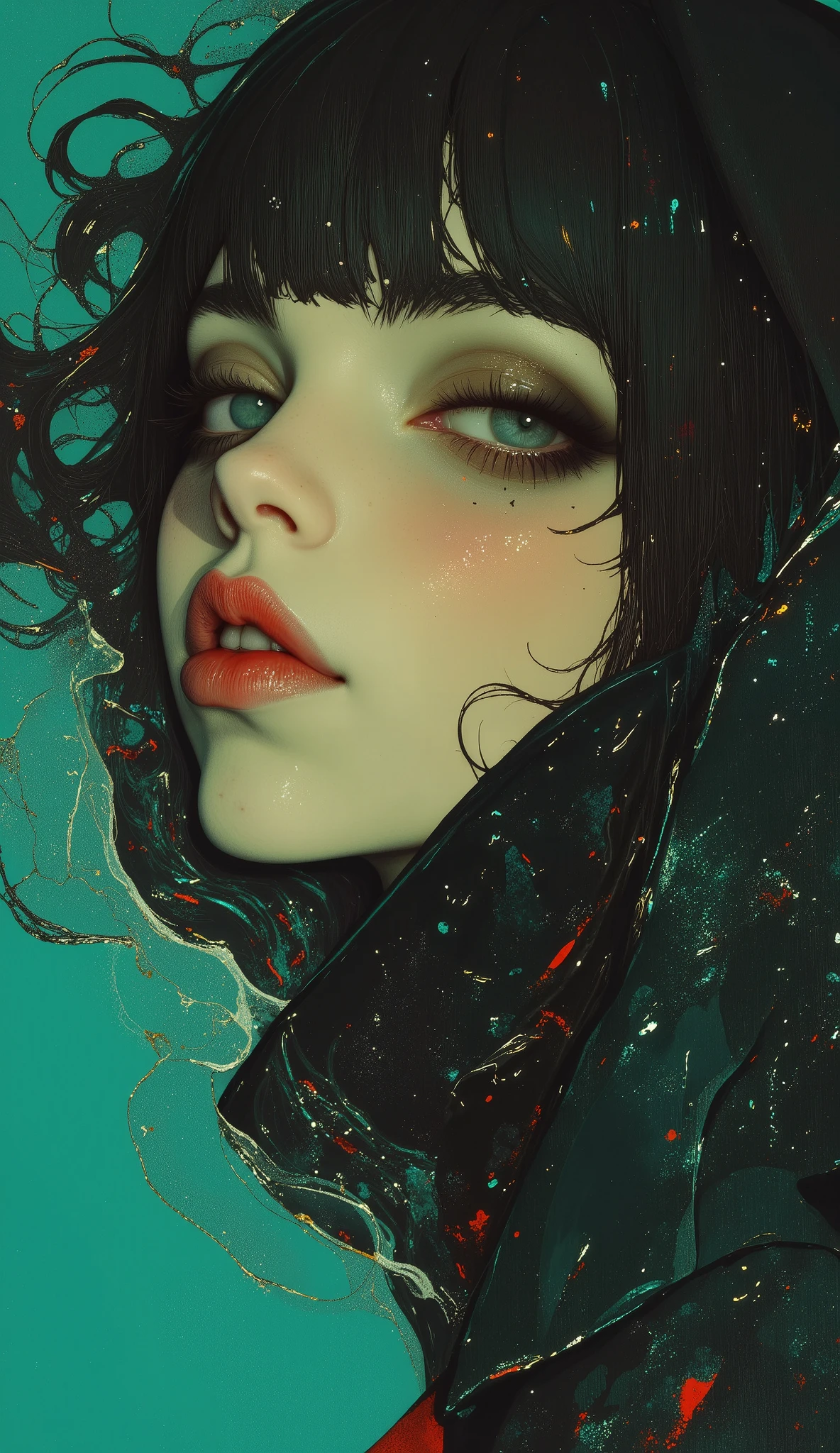 ((( general plan :1.51) of a beautiful young woman's dark and wet hair shine through the water wet hair drops fall down her face, humidity, makeup run through the eyeliner running down her cheeks , red lipstick with drops of water :1.5)), In a body of water . partially submerged in the water you can see her knees , she is focused from above with the camera , look sensually half-open mouth , squinting eyes like Marilyn Monroe , the cyan water with waves due to the movement :1.4, cyberpunk art inspired by Yanjun Cheng , trends in CGSociety, Conceptual art, work of art in the style of Guweiz, guweiz, Guweiz on Pixiv ArtStation , guweiz on artstation pixiv, Yanjun Chengt, electronic girl , E - Chica, cyberpunk urban clothing, ( best quality,4k,8K,alta resolución, masterpiece:1.2), ultra Detailed , sharp focus,(realistic,photorealistic,photo-realistic:1.37), very detailed face , extremely detailed facial features ,hyper realistic skin texture, Extremely fine details , intricate details, detailed eyes,Detailed nose, detailed lips, Detailed facial expressions ,Intricate facial anatomy, intense lighting, dramatic lighting, changing lighting , cinematic lighting ,chiaroscuro lighting, dramatic shadows ,dramatic moments, vivid colors,intense colors,Deep contrast, cinematic depth of field , cinematographic composition , motion picture camera angle
