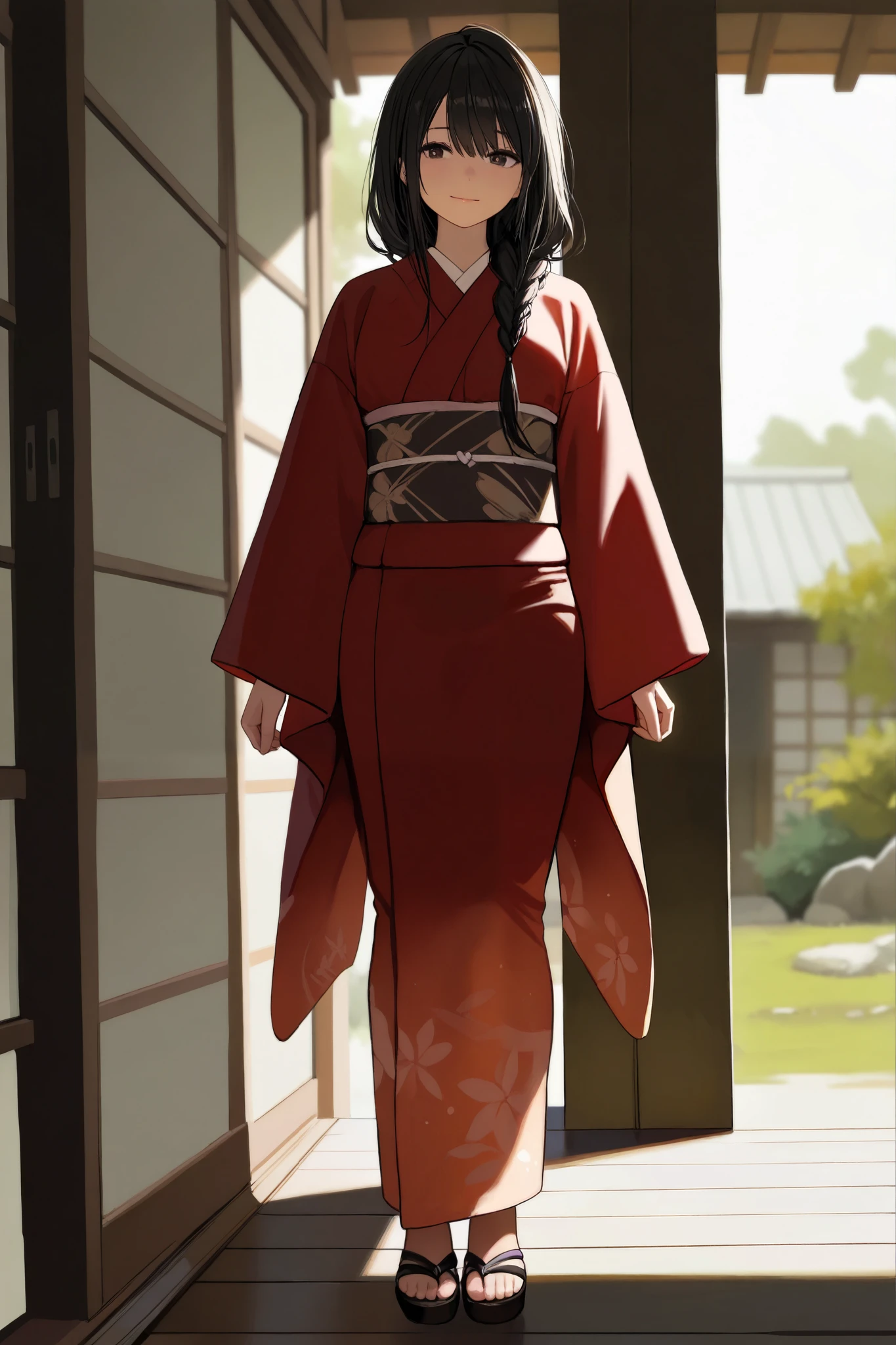 semi-realistic anime style, full body, nose,Japanese girl, delicate features, long black hair in a braid, dark almond-shaped eyes, a subtle hint of sadness, simple kimono, standing, hands resting at her sides, soft lighting, detailed eyes, country side house, perfect face, symmetrical face, good proportions, elegant posture, serene expression, (masterpiece, best quality, highly detailed, 8k resolution)