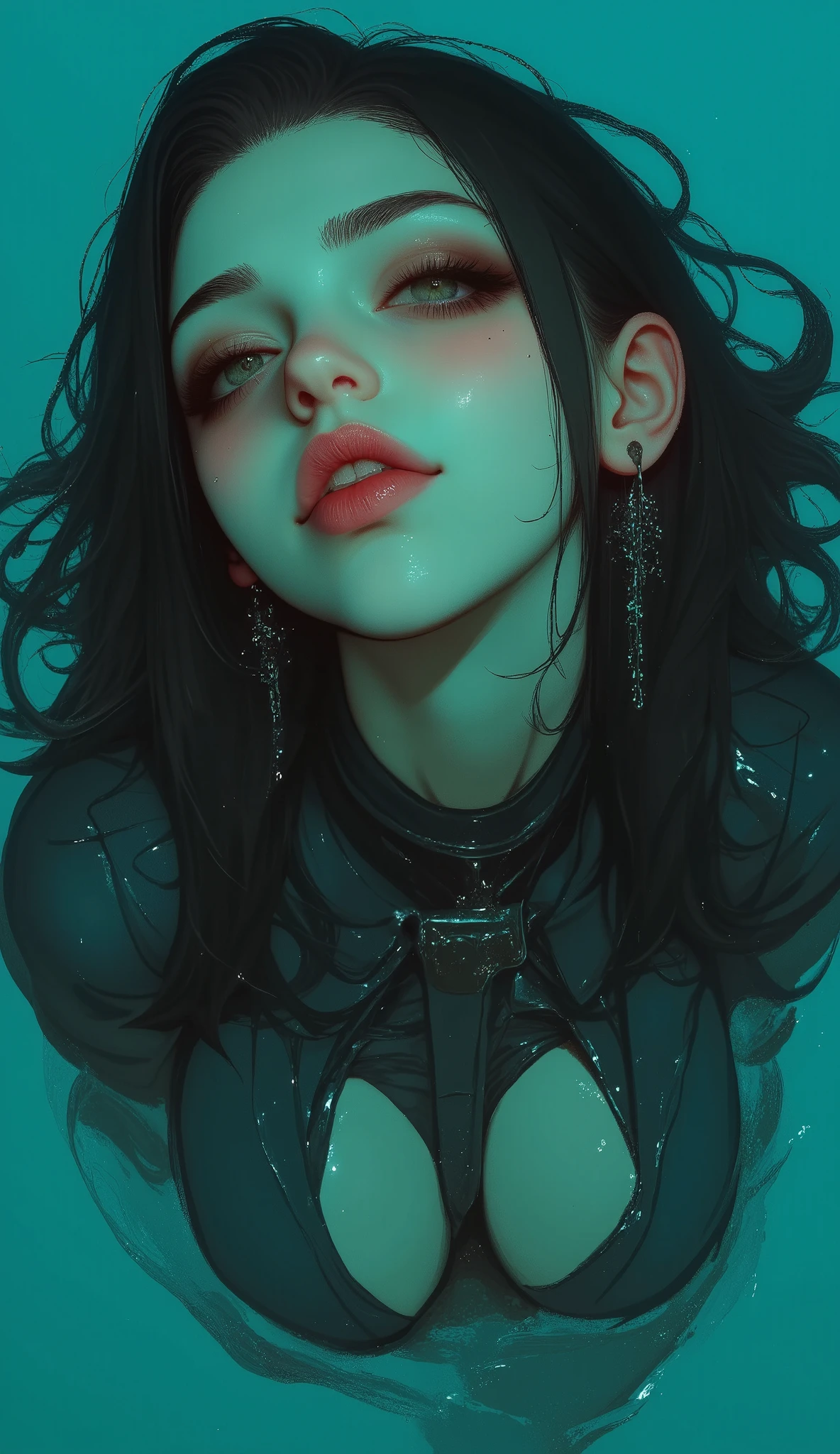 ((( general plan :1.51) of a beautiful young woman's dark and wet hair shine through the water wet hair drops fall down her face, humidity, makeup run through the eyeliner running down her cheeks , red lipstick with drops of water :1.5)), In a body of water . partially submerged in the water you can see her knees , she is focused from above with the camera , look sensually half-open mouth , squinting eyes like Marilyn Monroe , the cyan water with waves due to the movement :1.4, cyberpunk art inspired by Yanjun Cheng , trends in CGSociety, Conceptual art, work of art in the style of Guweiz, guweiz, Guweiz on Pixiv ArtStation , guweiz on artstation pixiv, Yanjun Chengt, electronic girl , E - Chica, cyberpunk urban clothing