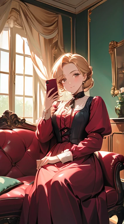 1999Of year30Portrait of a blonde French lady, Period Dresses, Genuine leather, You can take selfies while sitting as if you were using a smartphone., (Living room with period furniture, Moody Soft Light: 1.2),Gentle smiling face,(huge chest:1.3)