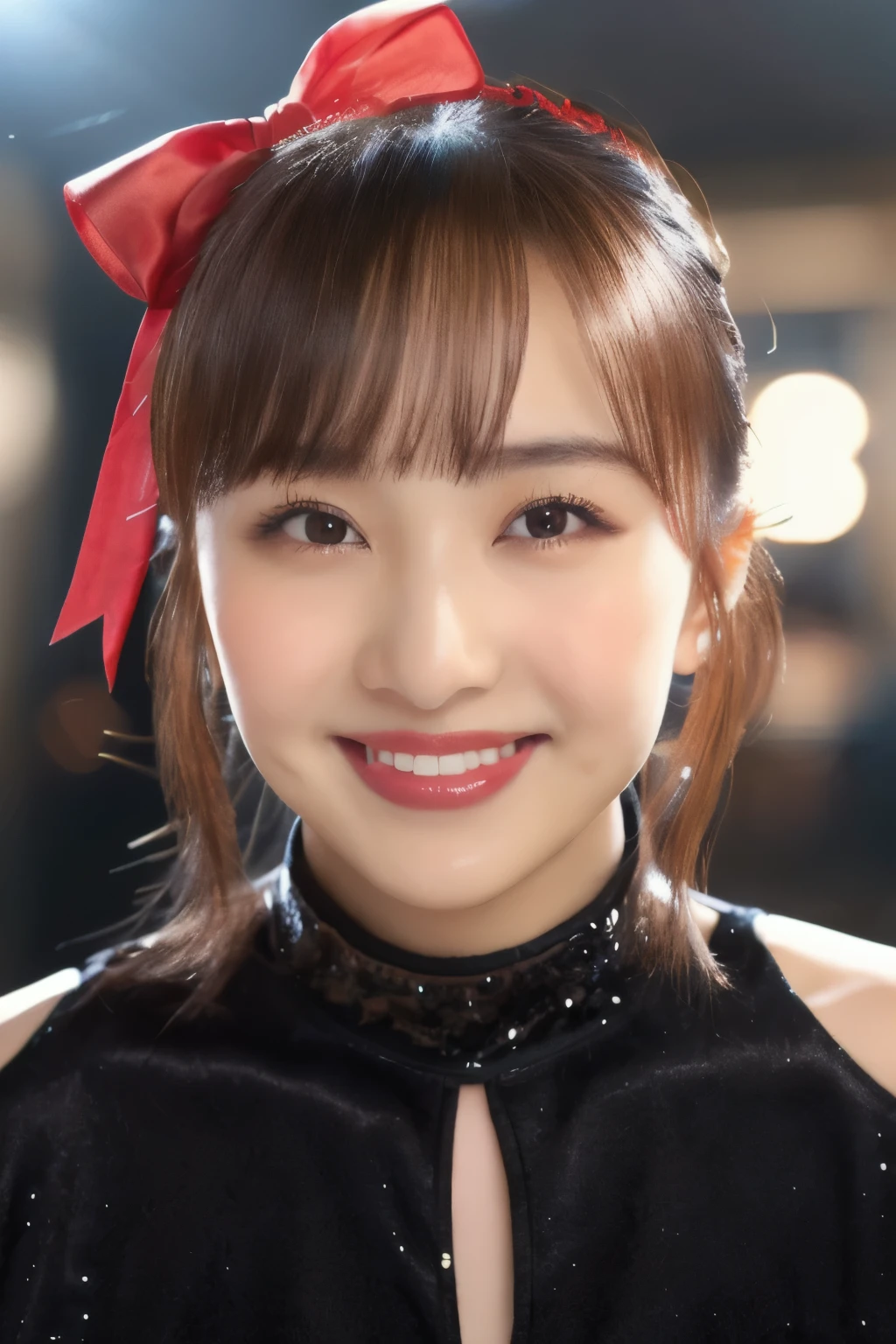(( black sexy dress )), (( Japanese Girl))、、(Light up your face)、(masterpiece, top quality, The beautiful quality of , photorealistic , detailed lighting , Extremely detailed skin, Extremely Detailed Hair ,8k, black hair, upper body, One Girl , smile, Watch Viewers , Dimples, Dimpless on cheeks, fc portrait:1.2), bangs、 Red Choker 、 off shoulder、Accurate Eyes、 in ultra high quality、 ponytail、 red ribbon with hands on chest、( face covered in semen :1.3)、