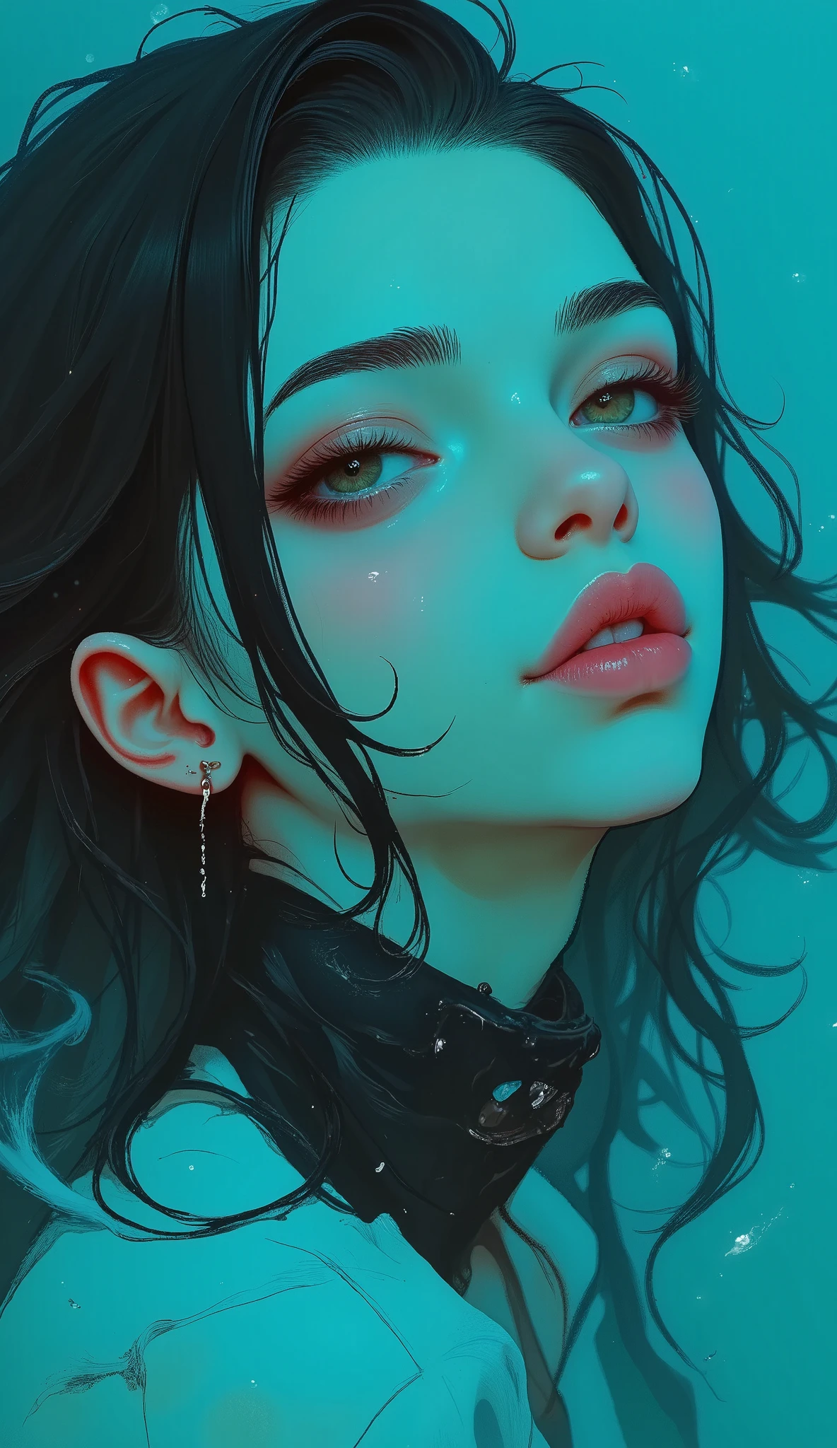 ((( general plan :1.51) of a beautiful young woman's dark and wet hair shine through the water wet hair drops fall down her face, humidity, makeup run through the eyeliner running down her cheeks , red lipstick with drops of water :1.5)), In a body of water . partially submerged in the water you can see her knees , she is focused from above with the camera , look sensually half-open mouth , squinting eyes like Marilyn Monroe , the cyan water with waves due to the movement :1.4, cyberpunk art inspired by Yanjun Cheng , trends in CGSociety, Conceptual art, work of art in the style of Guweiz, guweiz, Guweiz on Pixiv ArtStation , guweiz on artstation pixiv, Yanjun Chengt, electronic girl , E - Chica, cyberpunk urban clothing