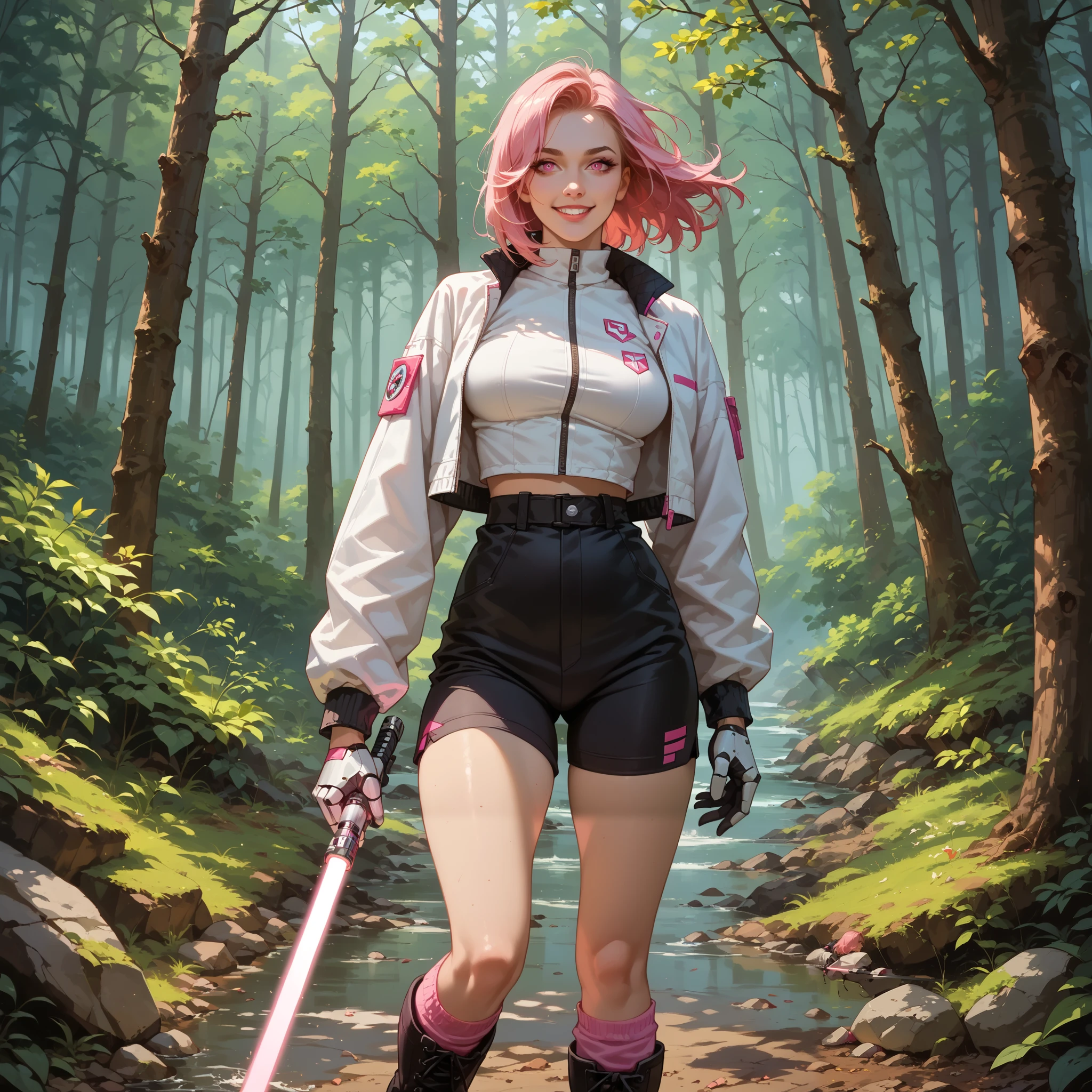 score_9,score_8_up,score_7_up, photo, masterpiece, 1girl, solo, An android girl stands in a forest holding a katana made of light, ((light saber)), she has pink hair, perfect eyes, pink eyes, seductive smile, she is wearing a white bomber jacket, (her jacket has the letter "G" on the sleeve)), she is wearing a black miniskirt, white and pink socks, she has on black combat boots,  scenic forest background,   Break,  the android girl has a human torso and head and medium perky breast, but she has robot arms and legs, with perfect anatomy, robot hands,