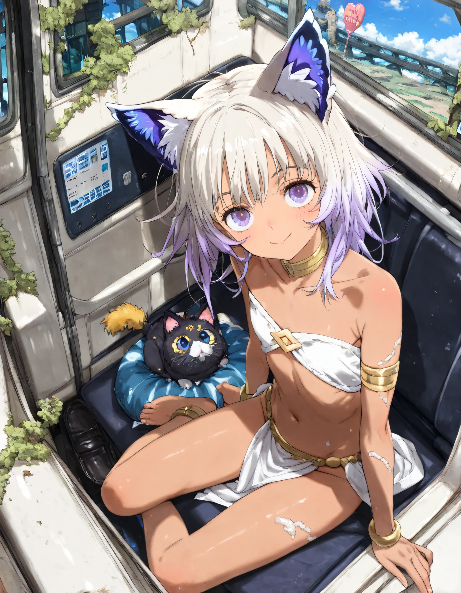 ((toi8 style)), ((Masterpiece)), ((best quality)), (8K), (wide shot, from above), cinematic lighting, (detailed background:1.2), (super detail:1.2),(High Definition:1.3), (Professional Photography:1.2), (very aesthetic:1.2), (absurdres:1.2), (sharp focus), ((1girl)), Textured skin,((kawaii)), Egyptian girl, (pale purple eyes, gradient eyes, upturned eyes), (naughty smile), cute eyes, (put on cat ears), (trival tubetop), ((trival long loincloth)), dark skin, (Healthy body), slim body, (platinum-gold hair), ((messy long bangs)), gradient hair, blue color Hair Tip, (medium hair), BREAK, (tilt head), (ancient ruined overgrown), (cute cheeks), glossy lips, pouty lips, (lower eyelashes), colorful eyes, round eyes, Large Cumulonimbus Clouds, loose sitting,