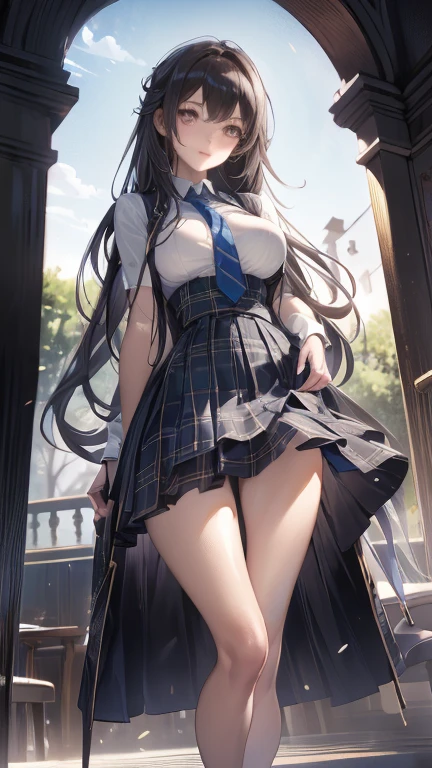 (masterpiece:1.2, top-quality), (realistic, photorealistic:1.4), beautiful illustration,
looking at viewer, full body, front view:0.6,
1 girl, japanese, high school girl, (long hair:1.5), blown hair, (half up, half updo), bangs, hair between eye, large breasts:0.8,
beautiful hair, beautiful face, beautiful detailed eyes, beautiful clavicle, beautiful body, beautiful chest, beautiful thigh, beautiful legs, beautiful fingers,
(beautiful scenery), , school,
((collared short sleeve shirt, white shirt, , grey plaid pleated skirt, blue plaid bow tie)), white panties,
(standing, , lift up skirt, grab the hem of the skirt, hands on chest, hand between legs),
blush, ,