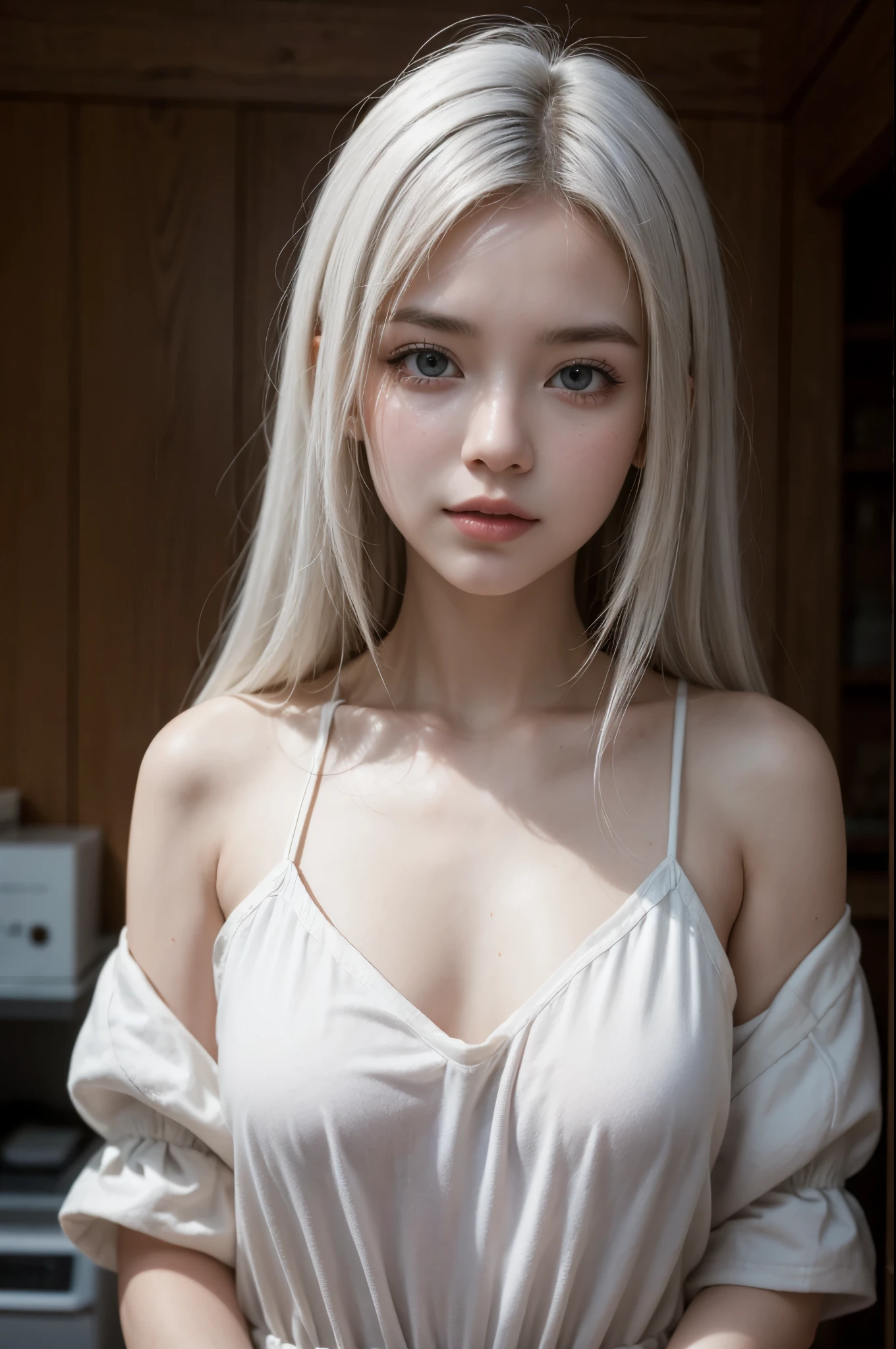 (8K、Raw photography、top-quality、masterpiece:1.2)、(nsfw:1.5),(realisitic、Photorealsitic:1.4)、Professional Lighting、A young woman with a delicate and slender face, gentle brown eyes, semi long hair,she seems thoughtful and introverted, her appearance is elegant and sophisticated, Best Quality, delighted expression、a beauty girl, Cute, hight resolution, Highly detailed,Beautiful white hair、erotic appearance