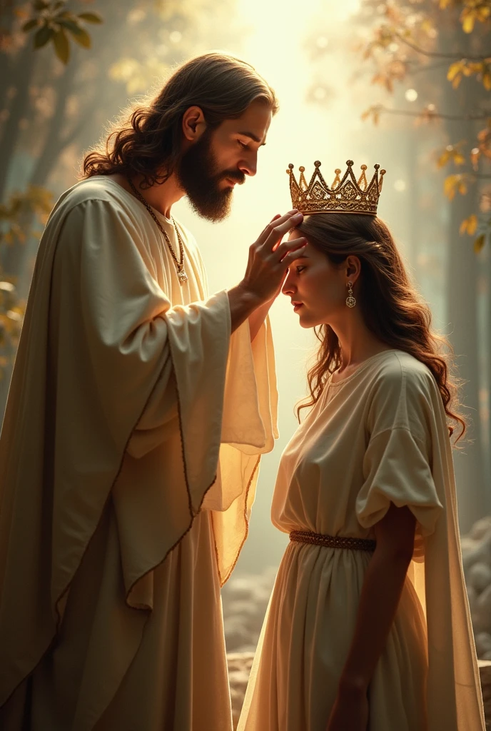 man hugging a bible and with a crown on his head and next to him a woman hugging a bible and with a crown on her head.