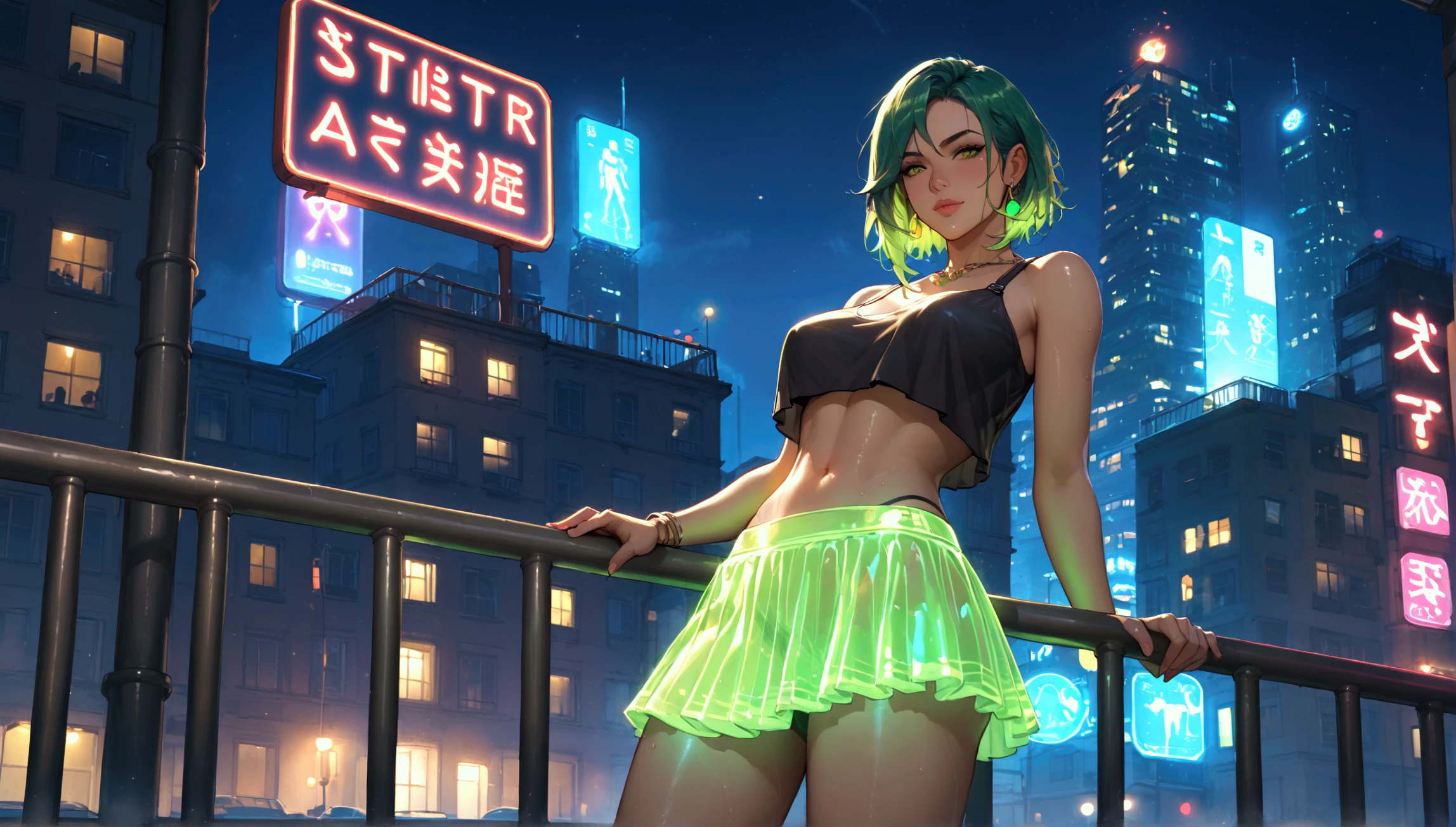 girl dancing,(((1girl))),((girl with extremely cute and beautiful black hair)),
(large breasts:1.4),(((black hair:1.35,hair over one eye, blunt bangs, long sideburns, messy hair, bob cut))),(((eyes_green:1.3))),intricate eyes,beautiful detailed eyes,symmetrical eyes,((fat)),((((lustrous skin:1.5,bright skin: 1.5,shiny skin,very shiny skin,shiny body,plastic glitter skin,exaggerated shiny skin,shiny skin like ebony,illuminated skin,wet legs))),(spider lower abdomen,narrow waist,wide hip,athletic body,inflated legs,detailed body,(detailed face), toned abs),
cute,slutty,seductive,erotic,(nsfw),
zettai ryouiki,revealing clothing,show skin,((rave bikini with an green print,((neon pink color rave mini-skirt)),visible thong straps)),(wearing a rave dancing outfit:1.3,rave dancing clothes,semi-naked,with little clothing),((wet clothes,intricate outfit,intricate clothes)),
(dynamic pose:1.0),embarrassed,(centered,scale to fit dimensions,Rule of thirds),
cyberpunk city by the ocean at night, with bright neon signs and dark stormy clouds and puddles, scenery:1.25,
artistic photography,(photography taken by sldr),highres, sharp focus, (ultra detailed, extremely detailed), (photorealistic artwork:1.37),(extremely detailed CG unity 8k wallpaper),((synthwave background theme)),(((vibrant colors))),(intricate background),(masterpiece),(best quality),