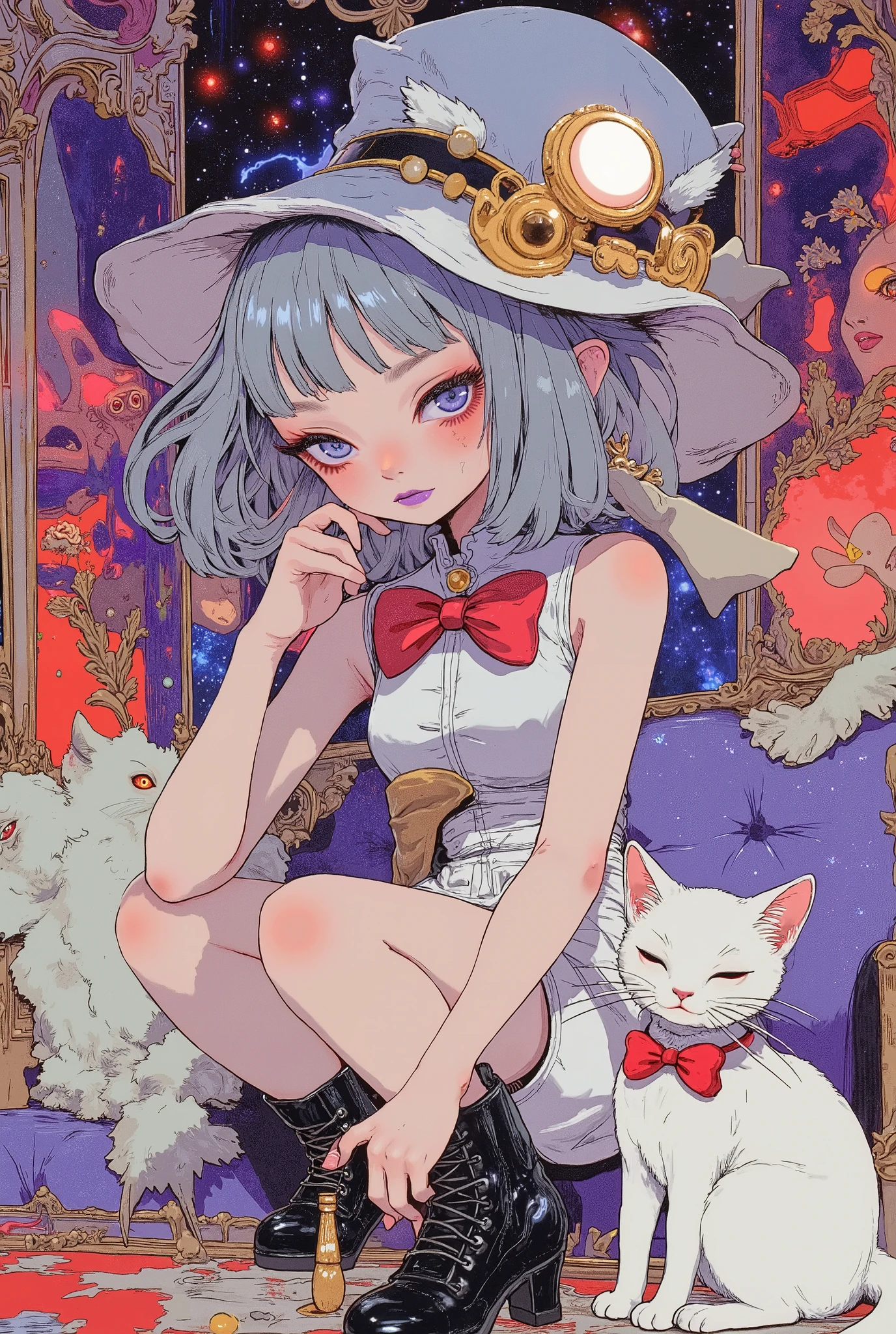 (masterpiece, perfect detail), ( 1girl , doll body, ball jointed doll, ball jointed, anatomy correct, Silver short bob, with bangs and eyes hidden , Purple Lips, white sleeveless feminine tuxedo suit, white above knee shorts, is wearing a big red bow on her chest, is wearing a large silk hat with a red ribbon at an angle, I have a walking stick with a curved handle, stylish and rugged long boots), ( white cat with a big red bow on her chest, I'm wearing big black boots), (Flashy disco , colorful and vivid cocktail beam, red and begonia square mosaic background, he's stupid and looks like he's having so much fun), (front, front,front)
