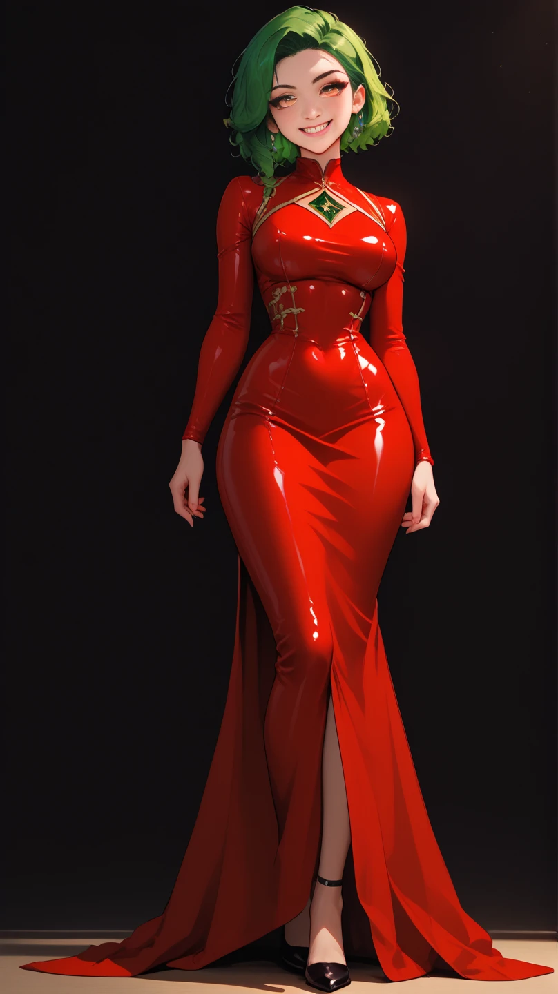 a close up of a woman in a red latex outfit, a tattoo inspired by Allan Linder, tumblr, lowbrow, succubus in tight short dress, daz, latex dress, wlop glossy skin, wearing a red cheongsam, tanny skin, latex skin, red skin, latex shiny, fire dress, succubus in sundress portrait, daz. detailed