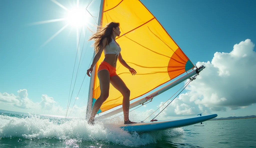 Blue ocean, white beach, many woman in swimsuit, back view, windsurfing,windsurf