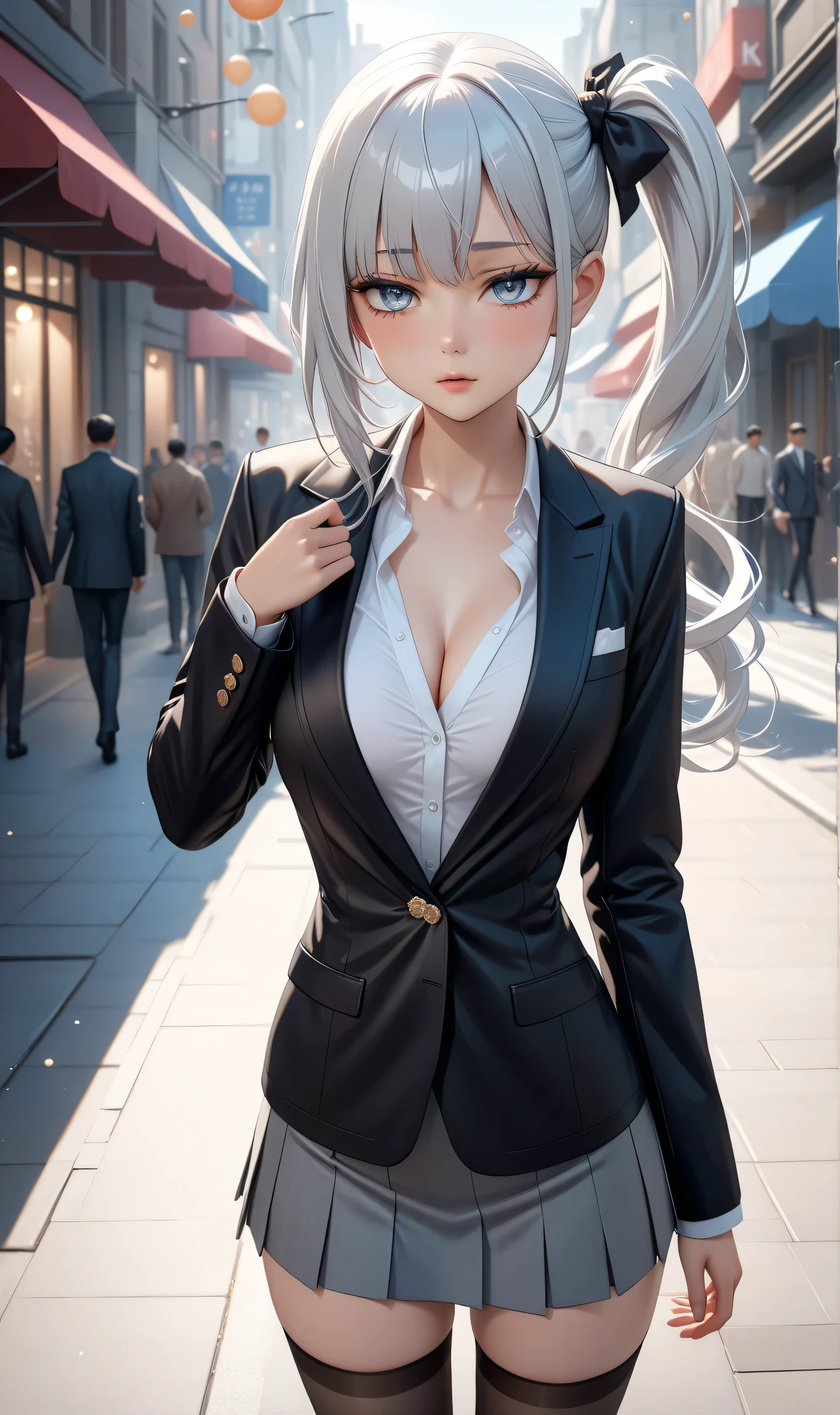 (masuter piece, Best Quality:1.4), (Beautiful, Perfect, Delicate, Detailed, Convoluted, Aesthetic:1.2), cinematic shot, Natural light, light Particle, Sunlight, Atmospheric, Vivid colors, (depth of fields:1.4), Looking at Viewer, (Ebony:1.4), (Black skin:1.4), (Perfect face, Detailed face, eye line, Glossy lips), (huge-breasted, Narrow waist), (Long wavy hair, Gray hair, Grey Hair), (Delicate pencil skirt, Delicate thighs, Blazer, lanyard, Open buckle, cleavage, Choker, Jewelry), (Skindentation), Outdoors, Busy Square, People in the background, Large crowds, Buildings, Trees, Plants, garden, A city scape, Bolides, (Cowboy Shot:1.4),