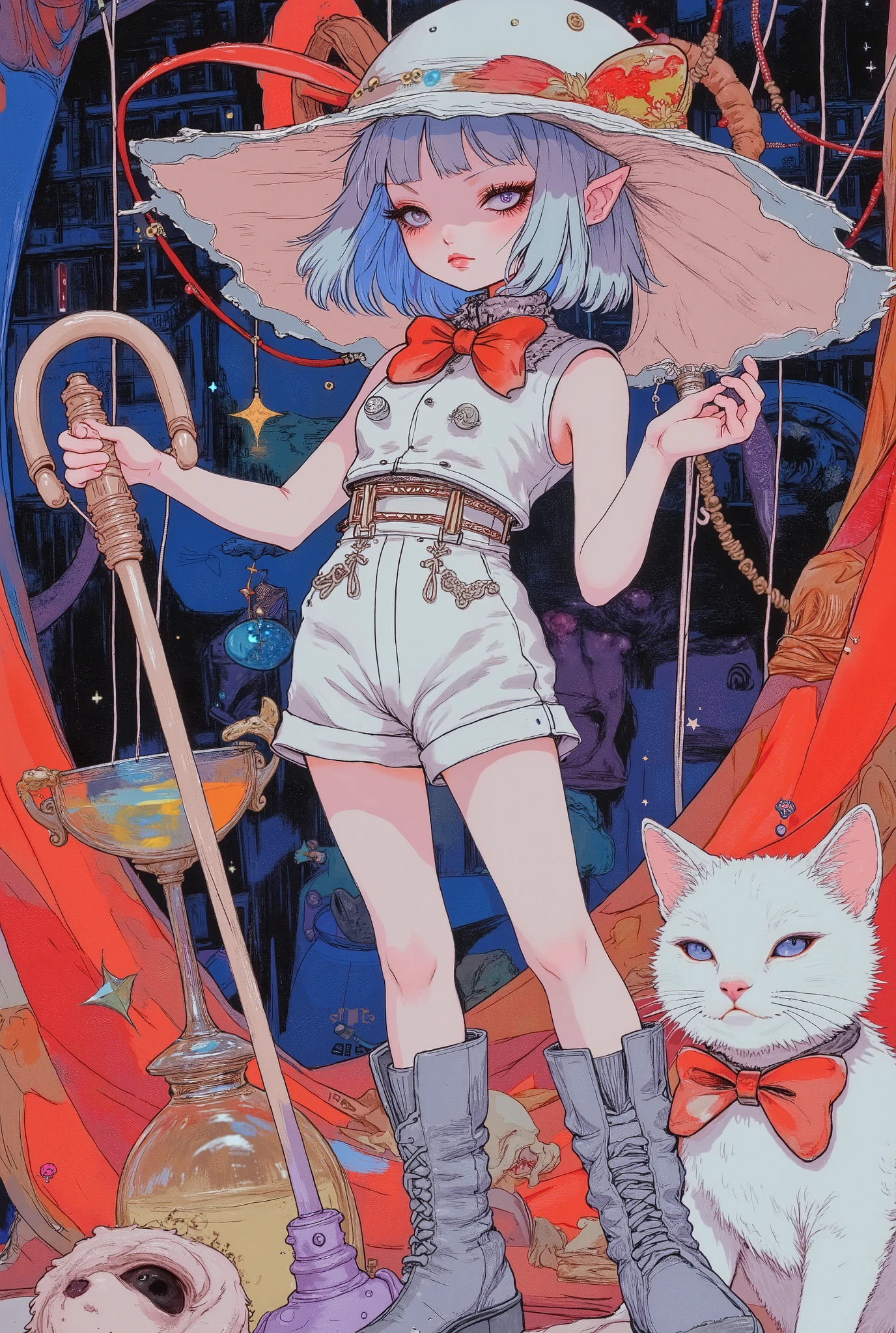 (masterpiece, perfect detail), ( 1girl , doll body, ball jointed doll, ball jointed, anatomy correct, Silver short bob, with bangs and eyes hidden , Purple Lips, white sleeveless feminine tuxedo suit, white above knee shorts, is wearing a big red bow on her chest, is wearing a large silk hat with a red ribbon at an angle, I have a walking stick with a curved handle, stylish and rugged long boots, Place your hands on your hips and stretch your arms straight above your head to decide on a pose, doing fixed poses with wiggly hips), ( white cat with a big red bow on her chest), (Flashy disco , colorful and vivid cocktail beam, red and begonia square mosaic background, he's stupid and looks like he's having so much fun), (front, front,front)