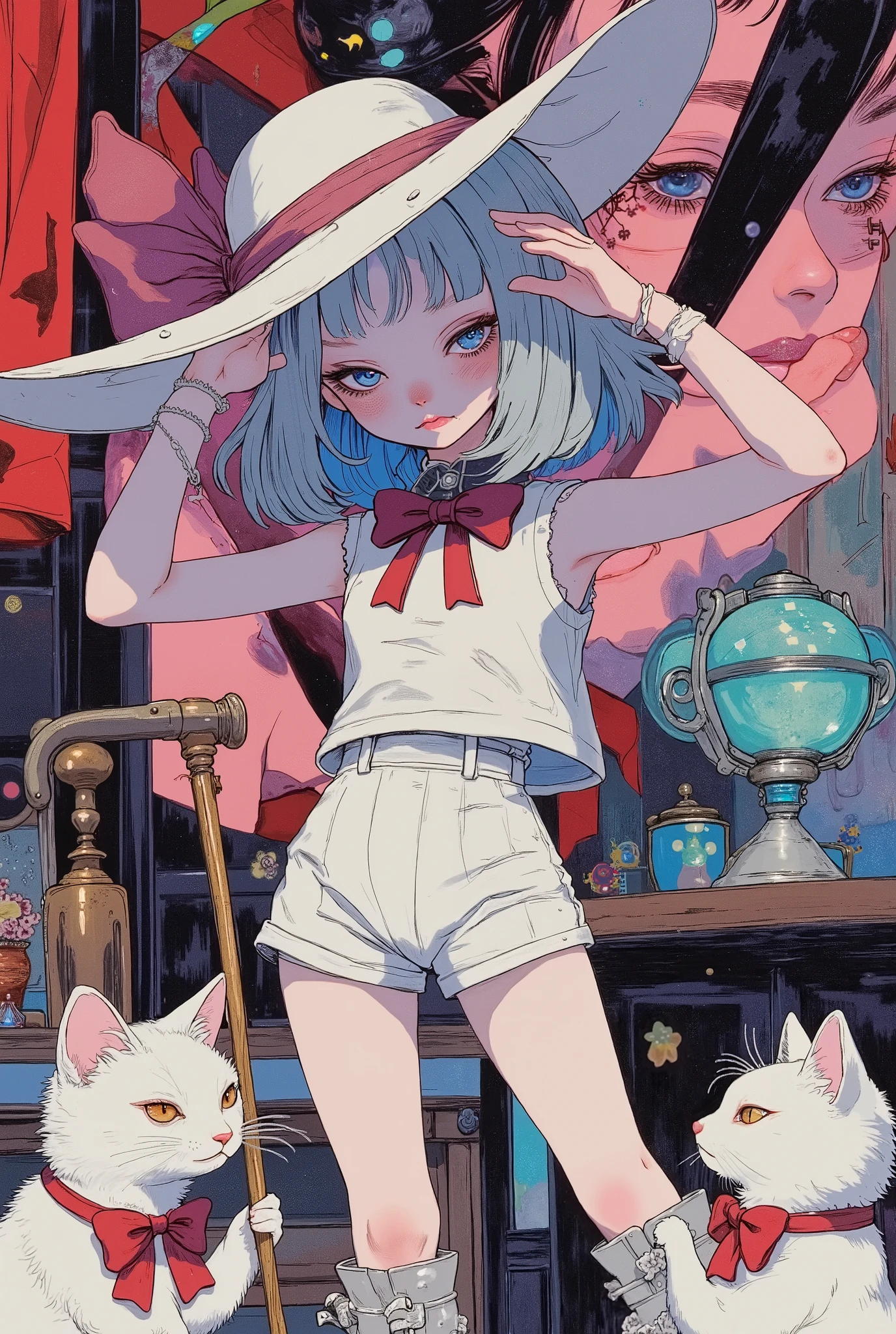 (masterpiece, perfect detail), ( 1girl , doll body, ball jointed doll, ball jointed, anatomy correct, Silver short bob, with bangs and eyes hidden , Purple Lips, white sleeveless feminine tuxedo suit, white above knee shorts, is wearing a big red bow on her chest, is wearing a large silk hat with a red ribbon at an angle, I have a walking stick with a curved handle, stylish and rugged long boots, Place your hands on your hips and stretch your arms straight above your head to decide on a pose, doing fixed poses with wiggly hips), ( white cat with a big red bow on her chest), (Flashy disco , colorful and vivid cocktail beam, red and begonia square mosaic background, he's stupid and looks like he's having so much fun), (front, front,front)