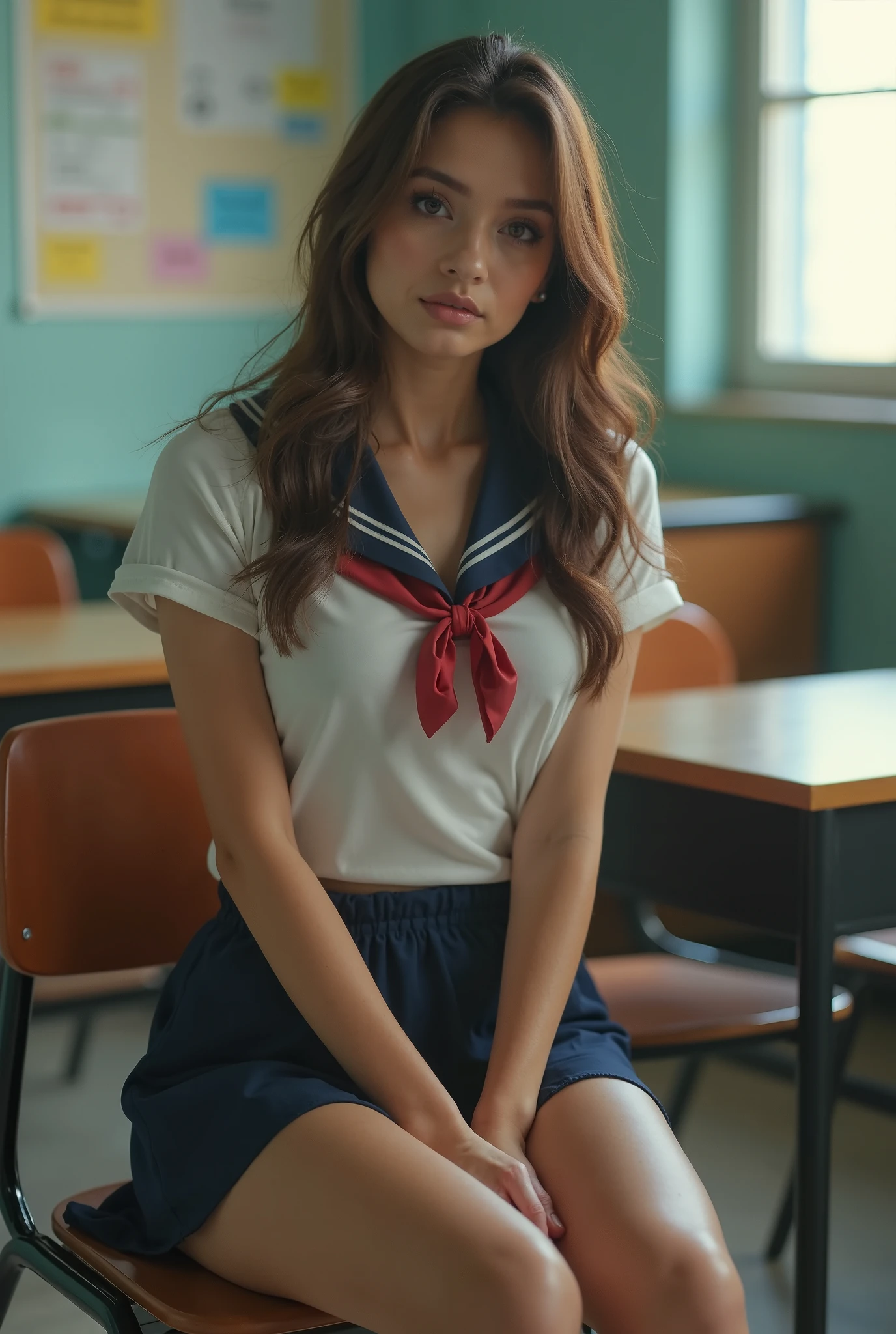 ((Mejor calidad)), ((obra maestra)), ((Realista)), *********** girl, ******* girl, Cara linda,High school classroom, 1 female, high school girl, super beautiful, facial beauty, , model, full-length photo, my gaze is looking at the camera, sitting on a chair with , open-legged pose like Sharon Stone, , open , brown hair, makeup on one eye, high school uniform, short skirt,  legs