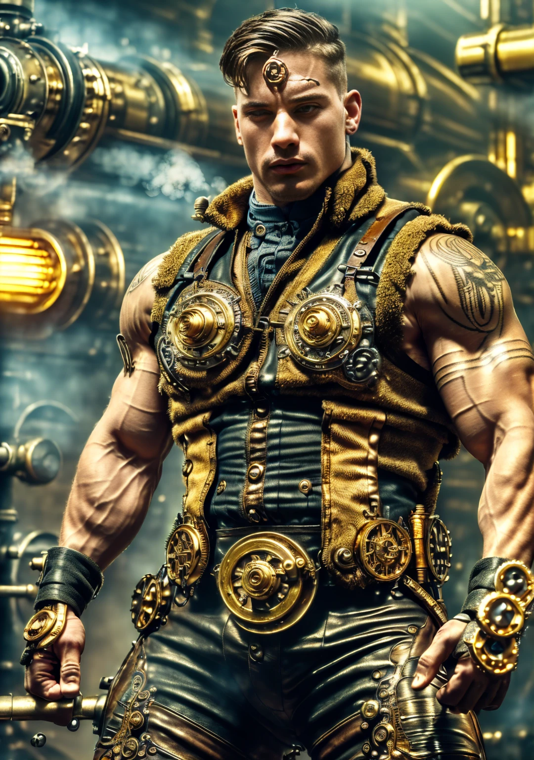 ((Masterpiece, High Quality)), Best Quality, highly detailed , ultrarealistic , cinematic ,realistic , photorealistic realistic eyes, intricate details, detailed background, depth of field, dynamic pose, dynamic angle ,male focus ,muscled man (1.0) ,handsome (detailed face) ,Young Arafed muscular chiseled very handsome man , (( steam4rmor,A muscular bodybuilder (1.0), veins on his arms , attractive tattooed man dressed in a detailed steampunk vest not covering his chest and abs(1.0), showing his muscled body with tattoos(1.0) ,The outfit includes leather straps, brass gears , a vest, and metallic accents. The man has a confident and alluring pose, with a mysterious expression. The background features an industrial steampunk setting with steam pipes, machinery, and a warm, vintage dark atmosphere , highly detailed, , detail face, tool enhancer ,slider 1.0)), realistic, masterpiece, intricate details, detailed background, depth of field, photo of a man ,looking like courage , ((light bokeh)) , highlighting the strong muscle lines , symbol of strength. Perspective and perspective: shooting from a low angle , highlighting the height and majesty of men. Or use a side perspective to show the posture and tattoo of a men.