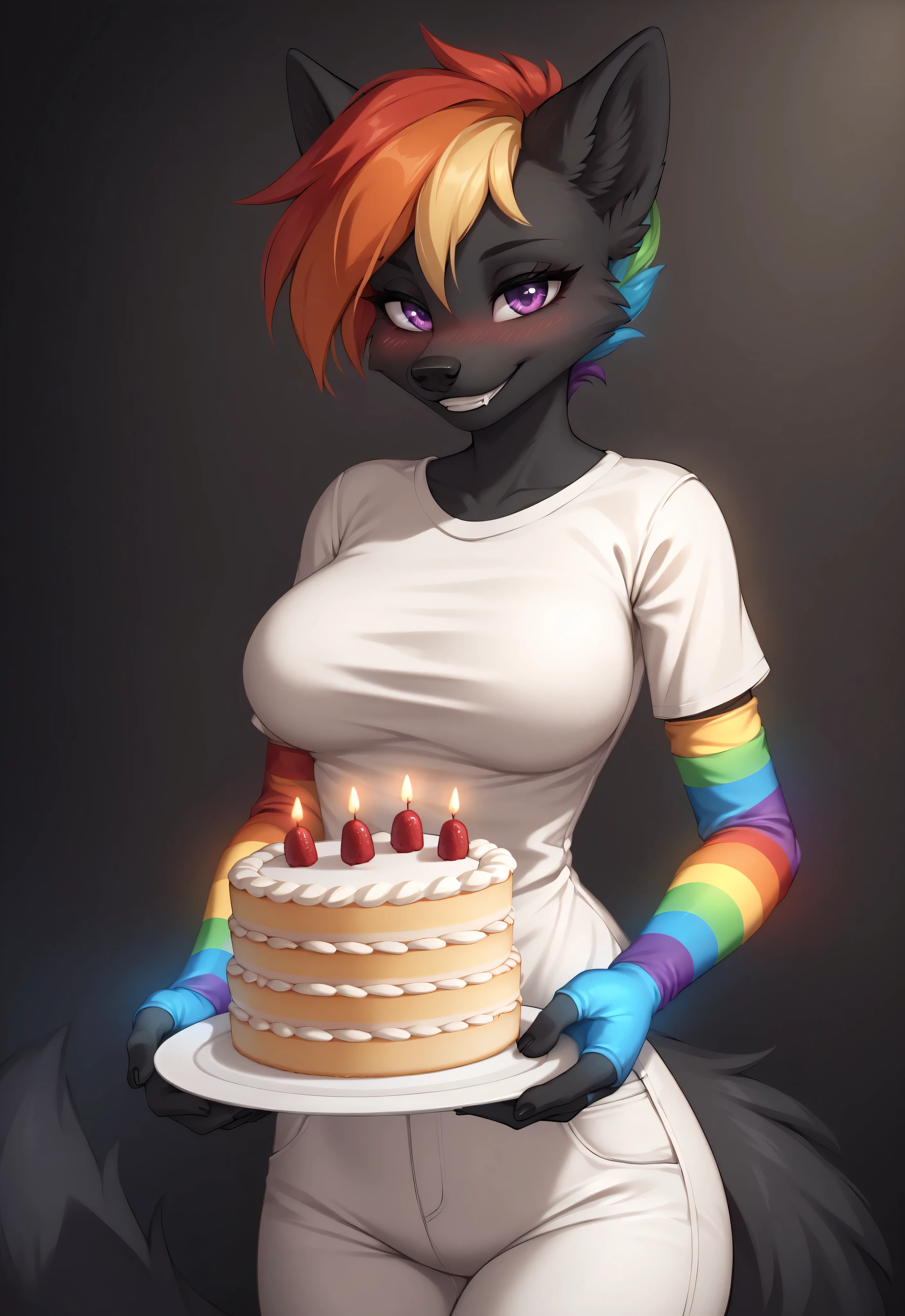 (4K HD Quality), score_9_up, score_8_up, score_6_up, anthro, solo, 1girl, furry, black fox, black body, black fur, rainbow hair, short hair, purple eyes, black fox tail, medium large breasts,
(glowing gloves), (rainbow sleeves gloves), (fingerless gloves),
blush, perfect smile teeth, looking at view,
black background, cake, birthday cake, white shirt, white pants, holding cake,