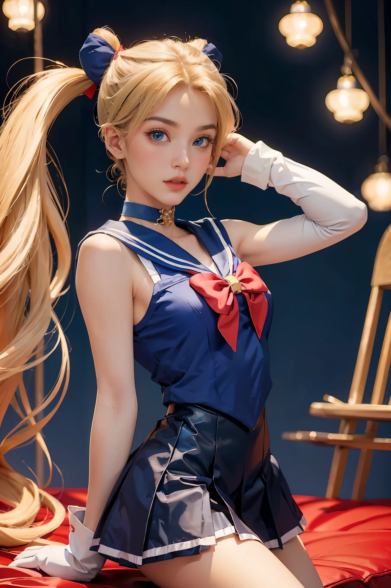 masterpiece, best quality, sailor moon,1girl, long hair,jewelry, sailor senshi uniform, blue sailor collar,blonde hair, red choker,white gloves, twintails, red bow, blue skirt, blue eyes, hair bun,