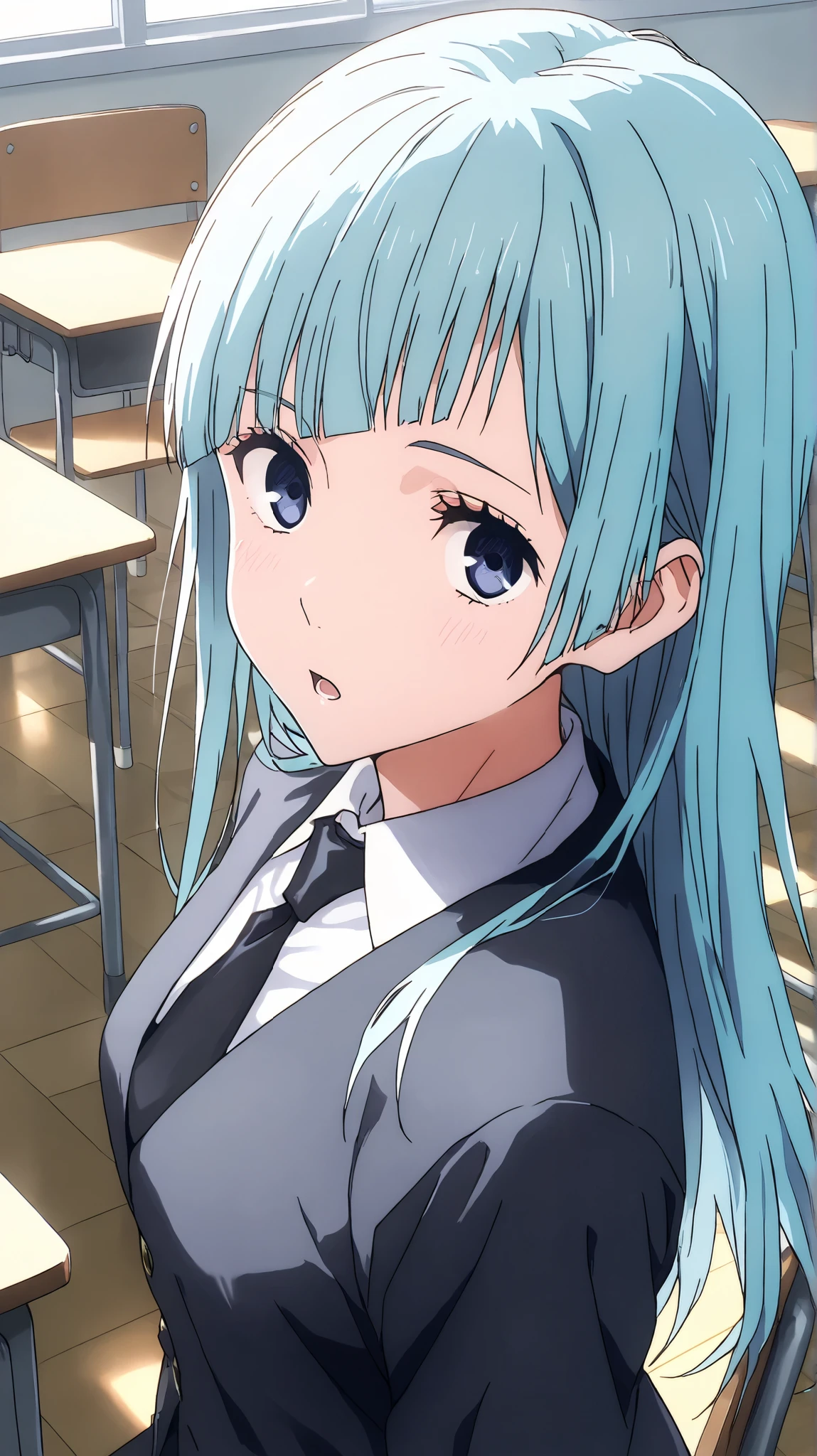 kasumi miwa
High quality , best quality , masterpiece, High Resolution , detailed face( LoRA: miwa),anatomically correct, detailed hair(LoRA: miwa) ,detailed bangs(LoRA: miwa)
solo, 1 girl,
kasumi miwa, navy blue eyes, aqua hair, asymmetrical bangs, long hair, straight hair,
looking at viewer ,
classroom,desk,chair
necktie, black suit,, black pants, black necktie,
open mouth,
