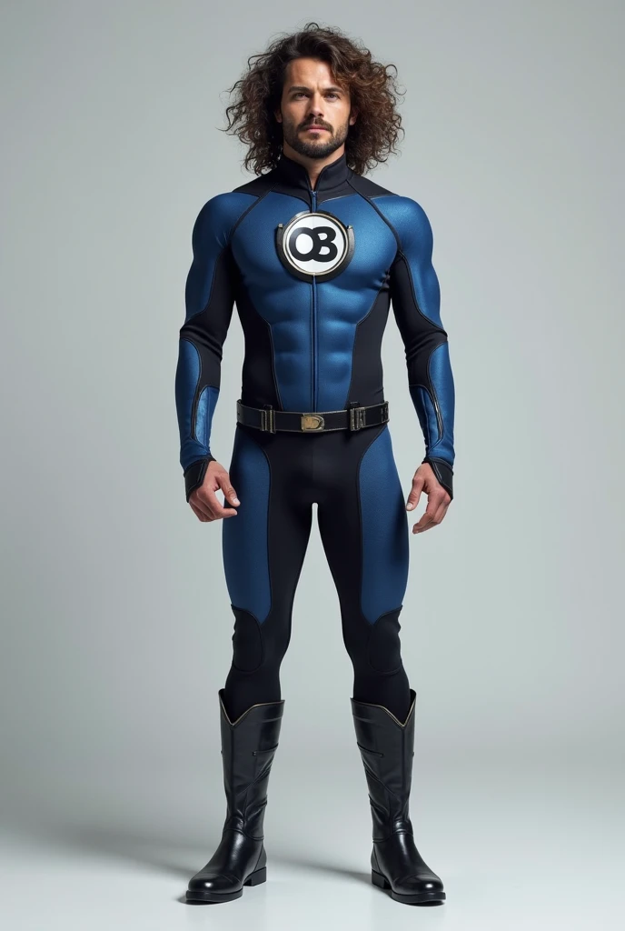 Blue sky super hero modern suit with Jeff Lynne's face and big sunglasses