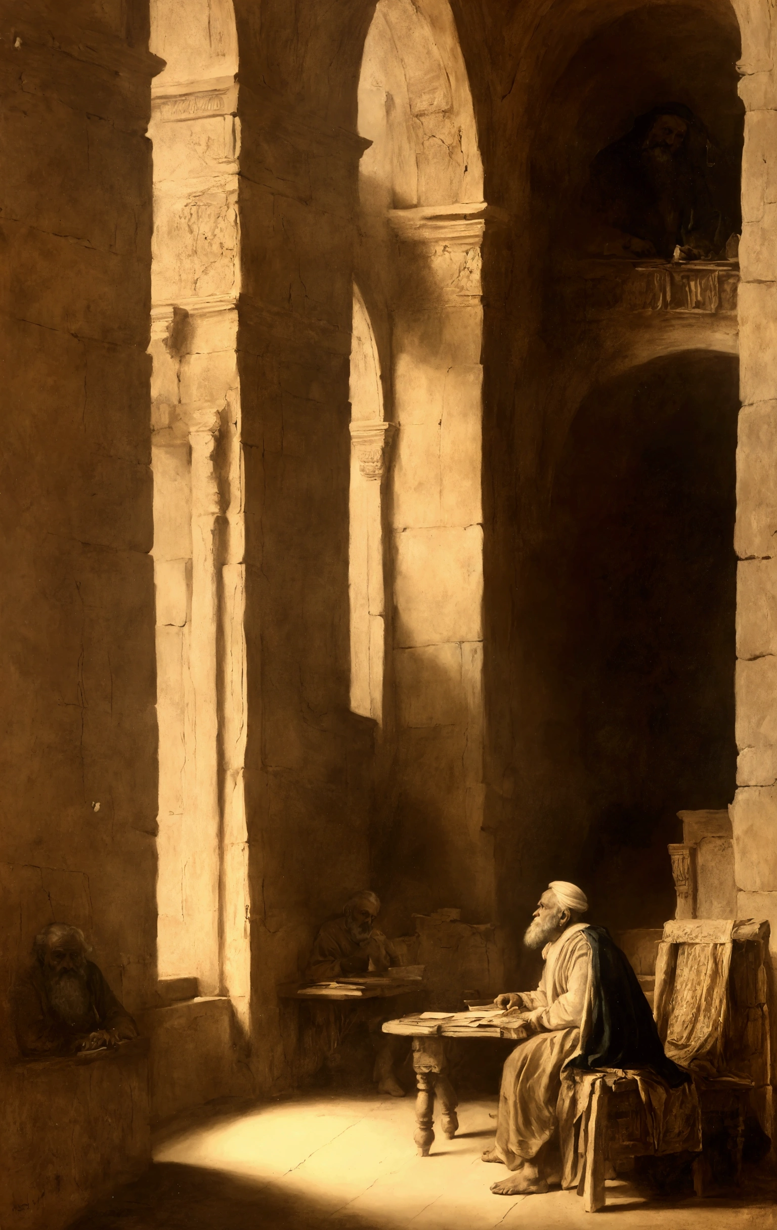 acient middle east man, wearing acient clothes, old man king david, sitting in his studio full of books and parchment, thinking, old library, acient era, acient architecture, acient middleast scene, epic, cinematic lights, look out of the window