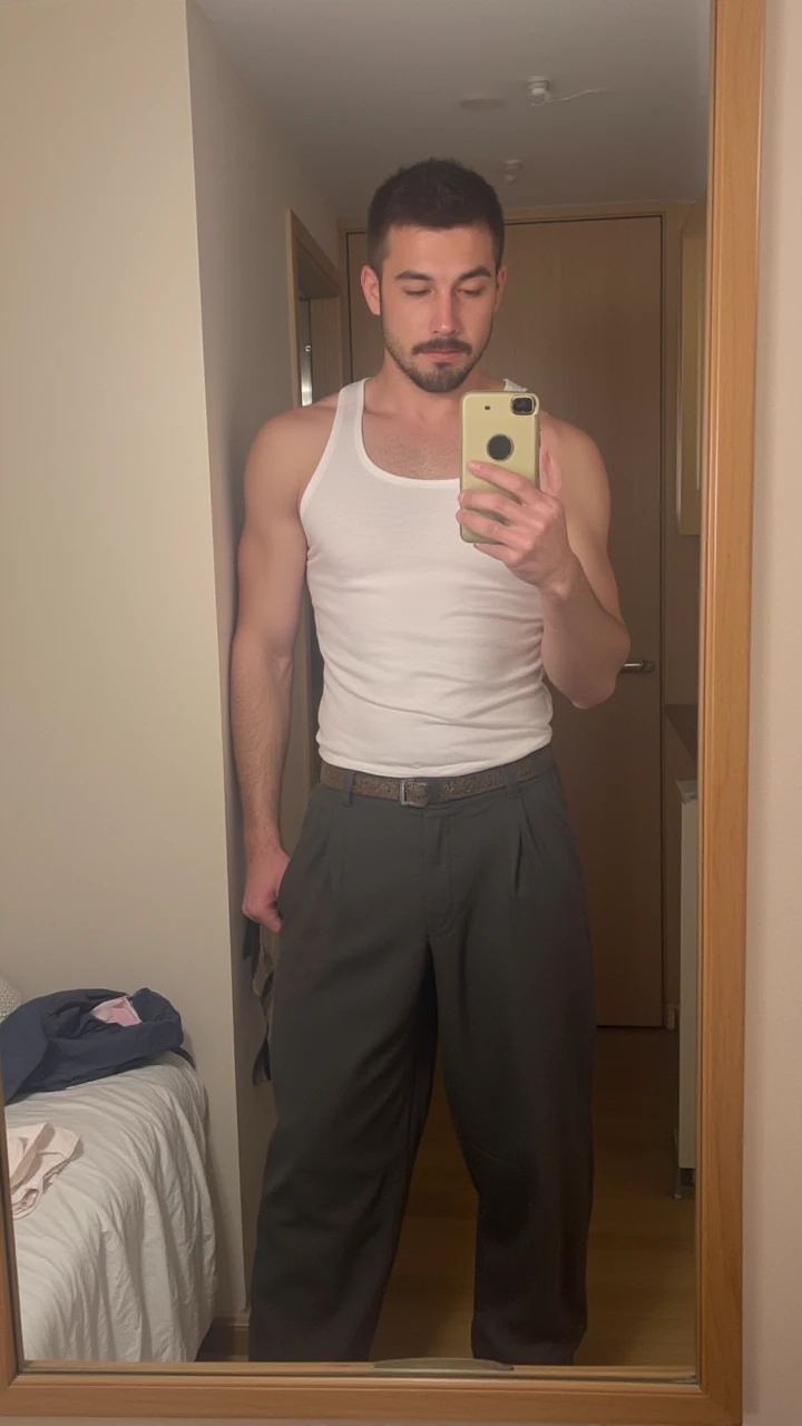 White man in shirt at the gym, medium body taking a selfie in the mirror