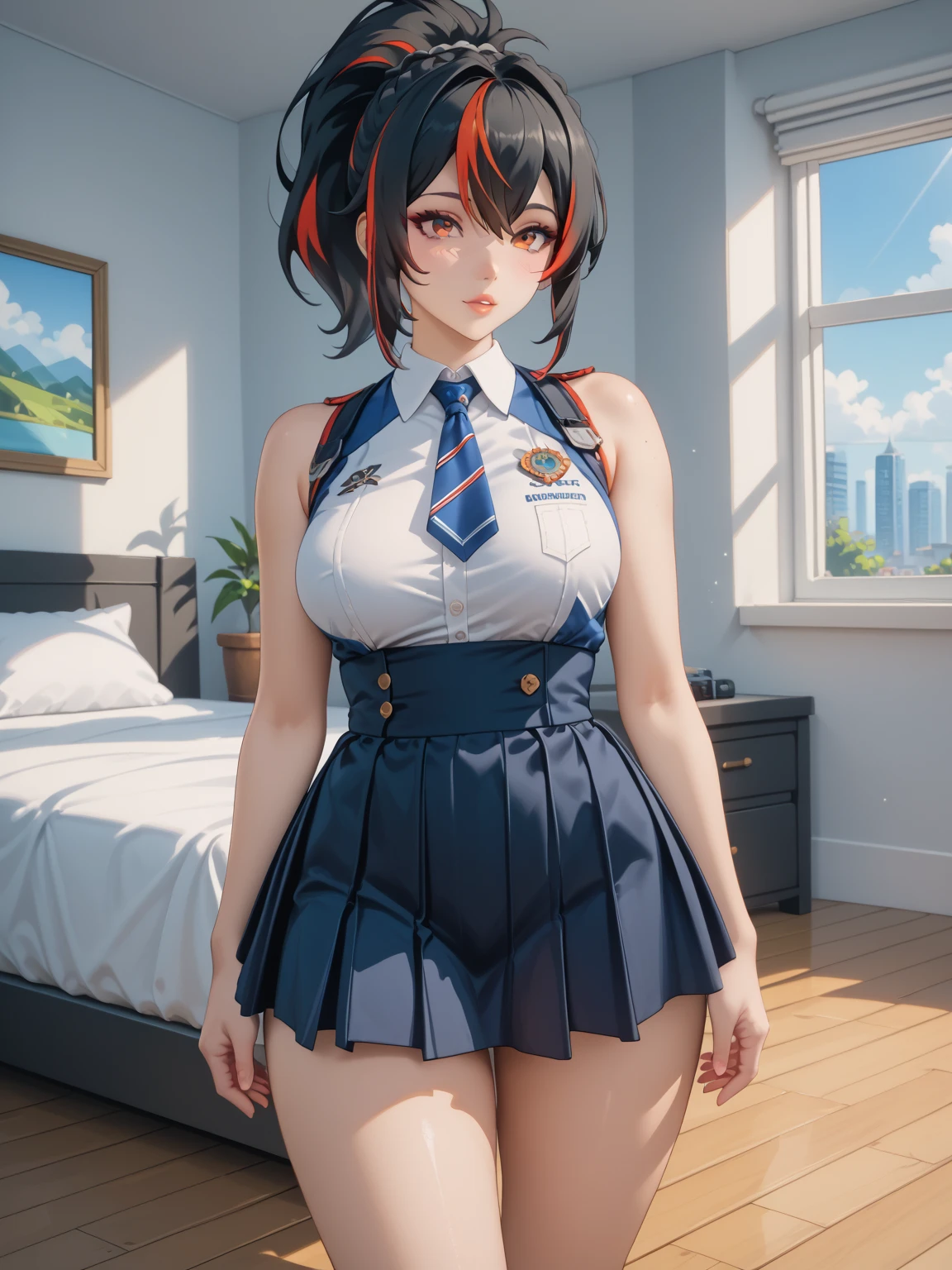 (masterpiece, best quality), 1girl, blue curly hair, crop top, pleated skirt, bedroom, striped thighhighs, cleavage, wide hips, hourglass figure,