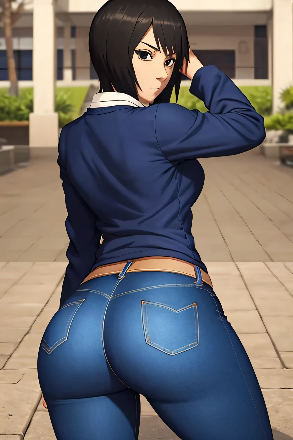 Shizune wearing very tight jeans with her ass rolled up