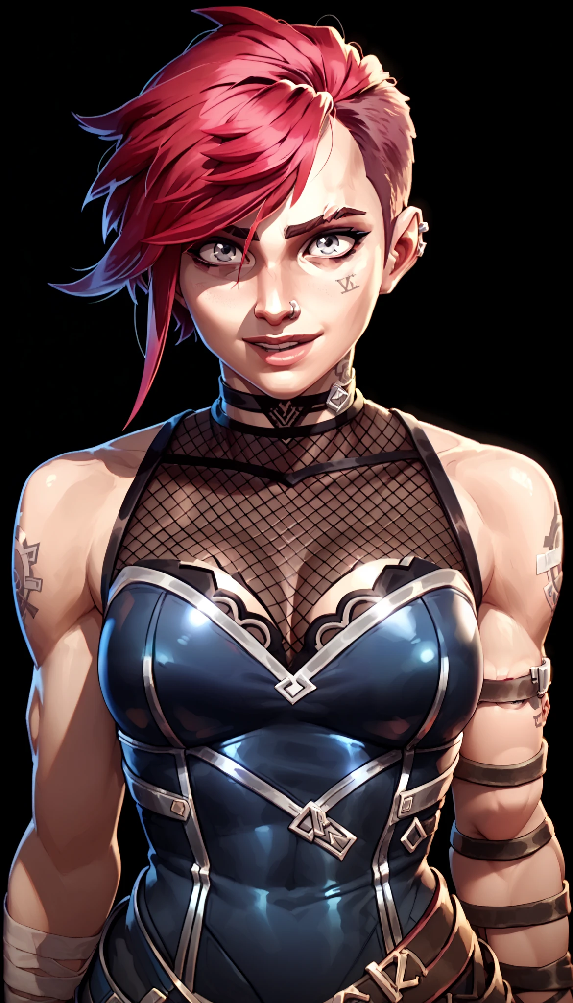 one woman, vi, (grey eyes:1.2), short hair, red hair, (upper body:1.3), (black background, clear background:1.5), (studio lights, deep shadows:1.3), (very big chest, bare shoulders, slender body:1.3), (fishnet bodysuit:1.4), (happy face:1.2)