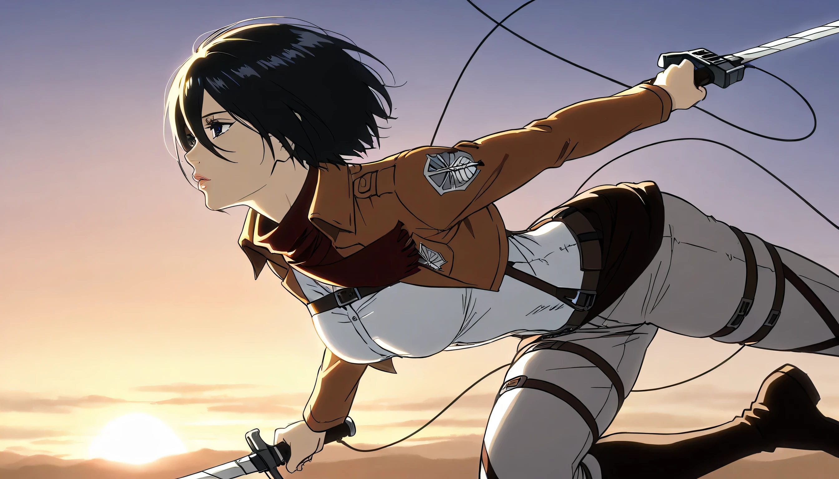 Mikasa Ackerman, fighting with two swords from his verse, equipment to kill Titan from the anime , flying, beautiful female face, detailed eyes with beautiful long ren, beautiful lips , slender curves showing , side view, breasts, sunrise, soft shadows