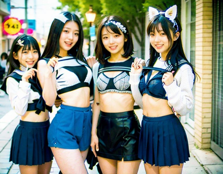 (((3 girls:1.5))、Three women standing closely together on an indoor stage、Three boyish women、17-year-old girls、Group photo of girl band group、I have a guitar)、(Realistic、Like a photograph、Live Action、8k, Realistic, RAW Photos, Best image quality: 1.4), Single-lens reflex camera、RAW Photos, Highest quality, Realistic, Highly detailed CG Unity 8k wallpaper, Written boundary depth, Cinematic Light, Lens flare, Ray Tracing, Realistic background、(A tight fitting black T-shirt:1.4、(Checkered pleated mini skirt:1.4)、Big Breasts、Abdominal muscles、bracelet、Earrings、necklace、accessories、skirtlift、Detailed lace panties)、(The strap of the bag passes between the chest、paisla、Shoulder bag)、((Silver Inner Color Hair:1.1))、Cute Japanese Band Girls、((whole body:1.5))、(short hair:1.2)、I like that style、stylish、Very detailed、Pay attention to the details、Perfect outfit、(White skin)、Beautiful feet:1.1、View from below、Accurate Arm、Meet on a street corner、Super detailed face
