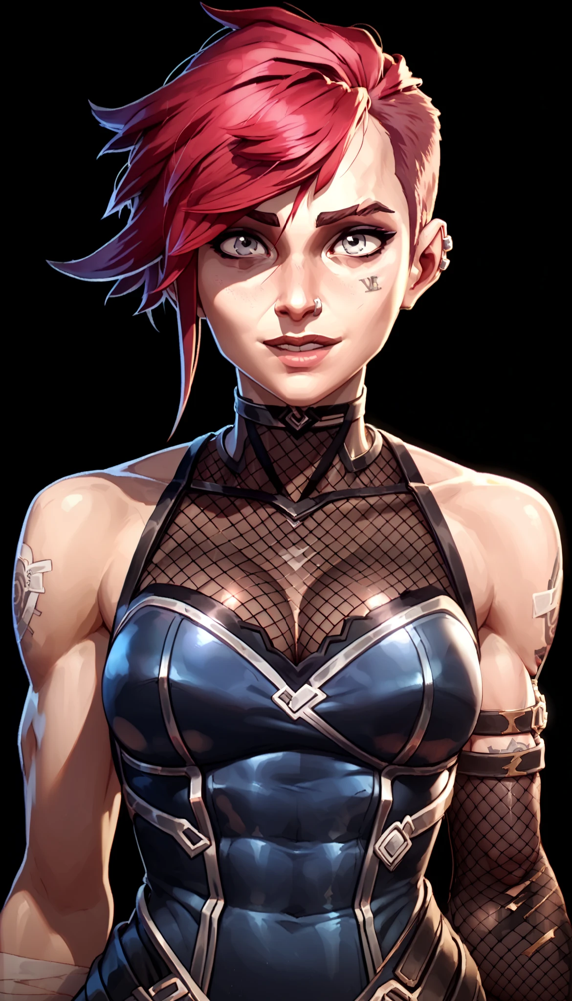 one woman, vi, (grey eyes:1.2), short hair, red hair, (upper body:1.3), (black background, clear background:1.5), (studio lights, deep shadows:1.3), (very big chest, bare shoulders, slender body:1.3), (fishnet bodysuit:1.4), (happy face:1.2)