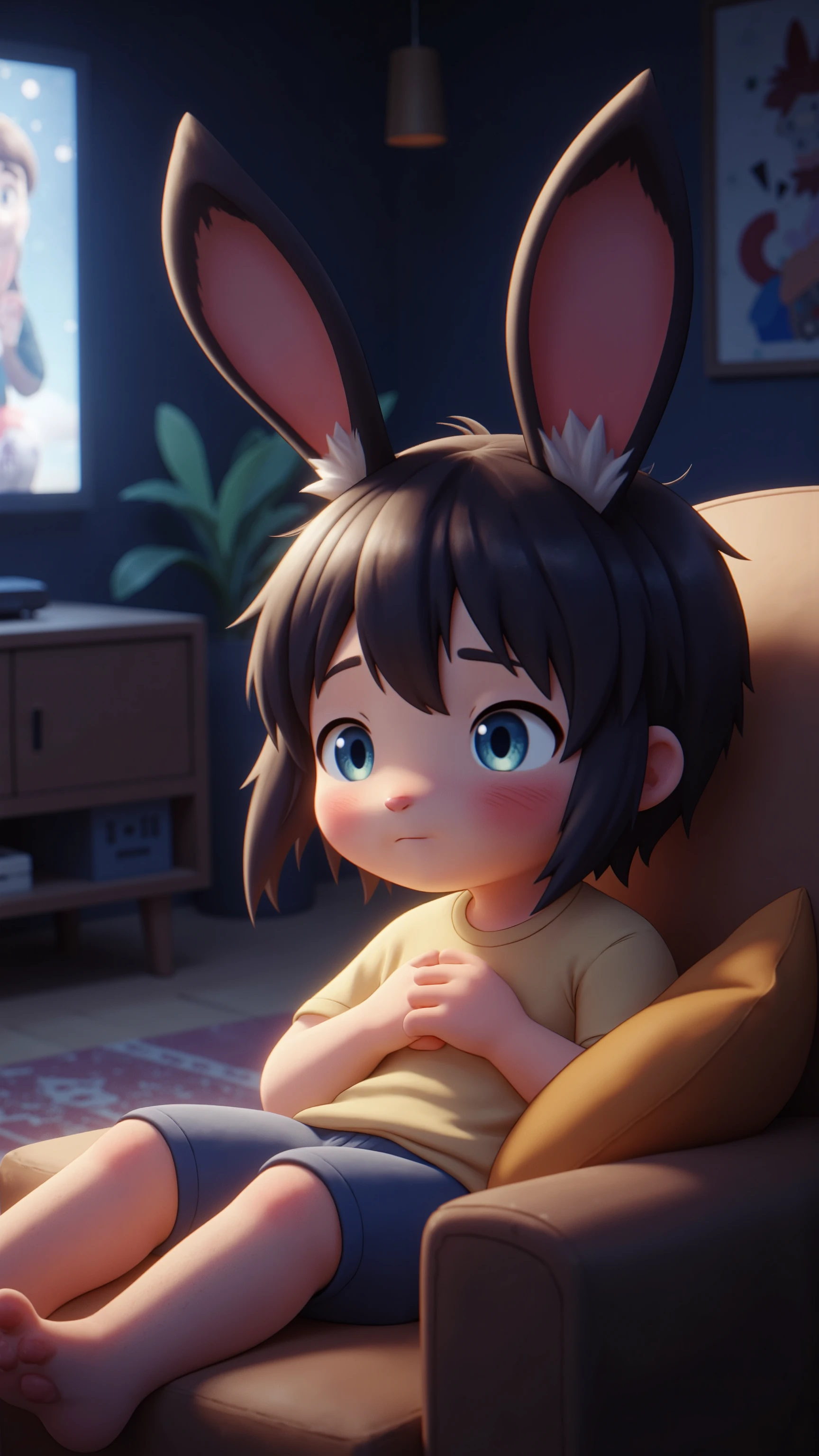 Noa a boy with medium size black hair, with bunny ears watching TV sitting on a couch. High Resolution, From Side, Rabbit Ears, Masterpiece, Anatomically Correct, Best Quality, Award Winning, Detail, Super Detailed, Black Hair, Blush, 3D Rendering, 8K Octane, Blue eyes,