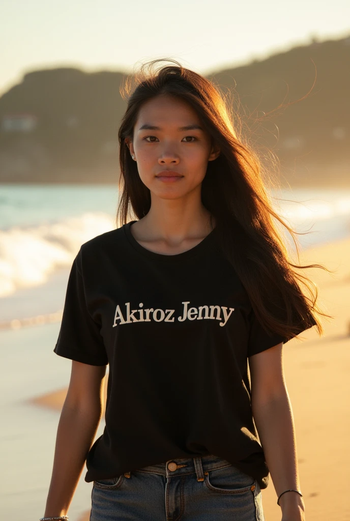 a young latina woman, with black hair that falls over her shoulders, she is wearing a black t-shirt, she takes a selfie, she is holding a credit card in her right hand