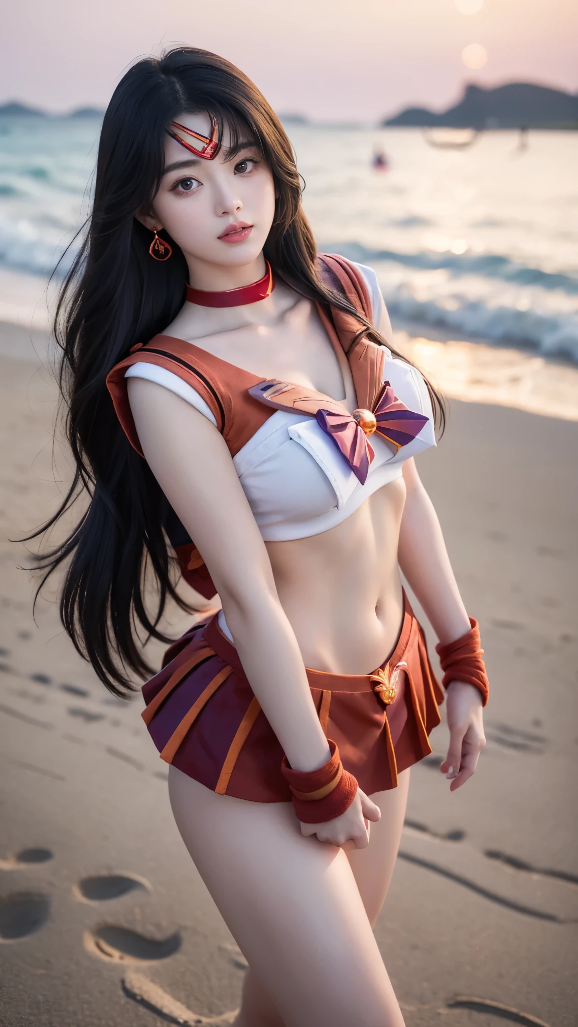 Sailor Mars walks to the left along the sandy beach, wearing a sailor senshi uniform, (sailor Mars:1.8), (long black hair), ulzzang-6500-v1.1, pureerosface_v1, top quality, masterpiece, illustration, (realistic, photo-realistic:1.37), stunning, fine details, very high resolution, large file size, ultra-detail, high resolution, CG unity 8k wallpaper very detailed, a beautiful girl with intricate details, shiny red lips, thin lips, a hot sexy body, Big breasts, super big breasts, big and firm breasts, slightly open cleavage, (((Sailor Mars))), 1 girl, (long black hair), red bow tie on the head, magical girl, blue ribbon on the chest, red mini skirt, professional lighting, elbow-length gloves, tiara, pleated skirt, red sailor collar, mini skirt, choker, orange choker, long white gloves, jewelry, earrings, slightly shimmering sweat, skin contour, detailed fingers, chubby body, slightly fuller sexy waist, curvy waist, beautiful round eyes, slightly chubby body, weight 54kg, highly detailed eyes and face, very beautiful and detailed eyes, red eyes, orgasm, embarrassment, drunkenness, played with, naughty face, ultrawide shot, shimmering horizon reflection, glass facade, realistic background of waves on a sandy beach.