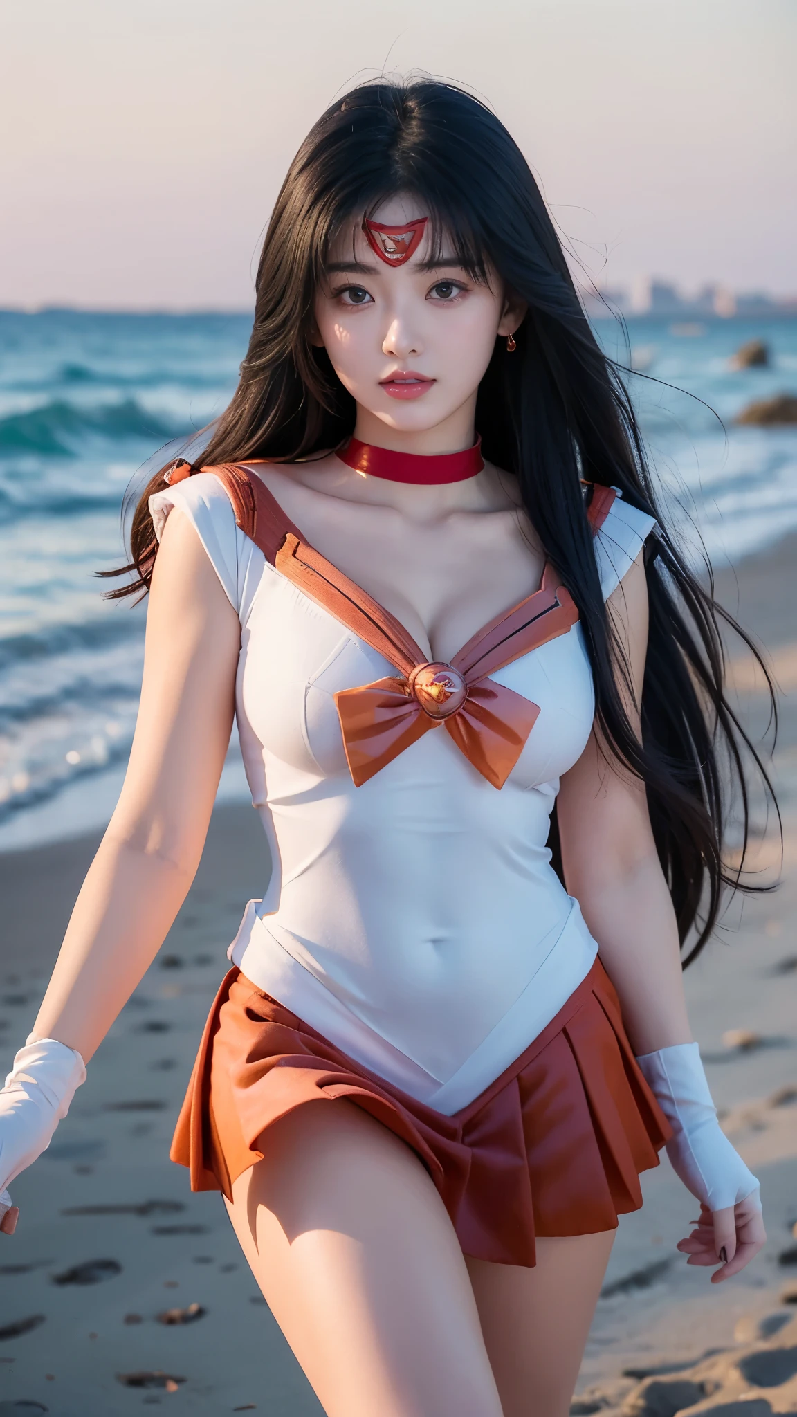 Sailor Mars walks to the left along the sandy beach, wearing a sailor senshi uniform, (sailor Mars:1.8), (long black hair), ulzzang-6500-v1.1, pureerosface_v1, top quality, masterpiece, illustration, (realistic, photo-realistic:1.37), stunning, fine details, very high resolution, large file size, ultra-detail, high resolution, CG unity 8k wallpaper very detailed, a beautiful girl with intricate details, shiny red lips, thin lips, a hot sexy body, Big breasts, super big breasts, big and firm breasts, slightly open cleavage, (((Sailor Mars))), 1 girl, (long black hair), red bow tie on the head, magical girl, blue ribbon on the chest, red mini skirt, professional lighting, elbow-length gloves, tiara, pleated skirt, red sailor collar, mini skirt, choker, orange choker, long white gloves, jewelry, earrings, slightly shimmering sweat, skin contour, detailed fingers, chubby body, slightly fuller sexy waist, curvy waist, beautiful round eyes, slightly chubby body, weight 54kg, highly detailed eyes and face, very beautiful and detailed eyes, red eyes, orgasm, embarrassment, drunkenness, played with, naughty face, ultrawide shot, shimmering horizon reflection, glass facade, realistic background of waves on a sandy beach.