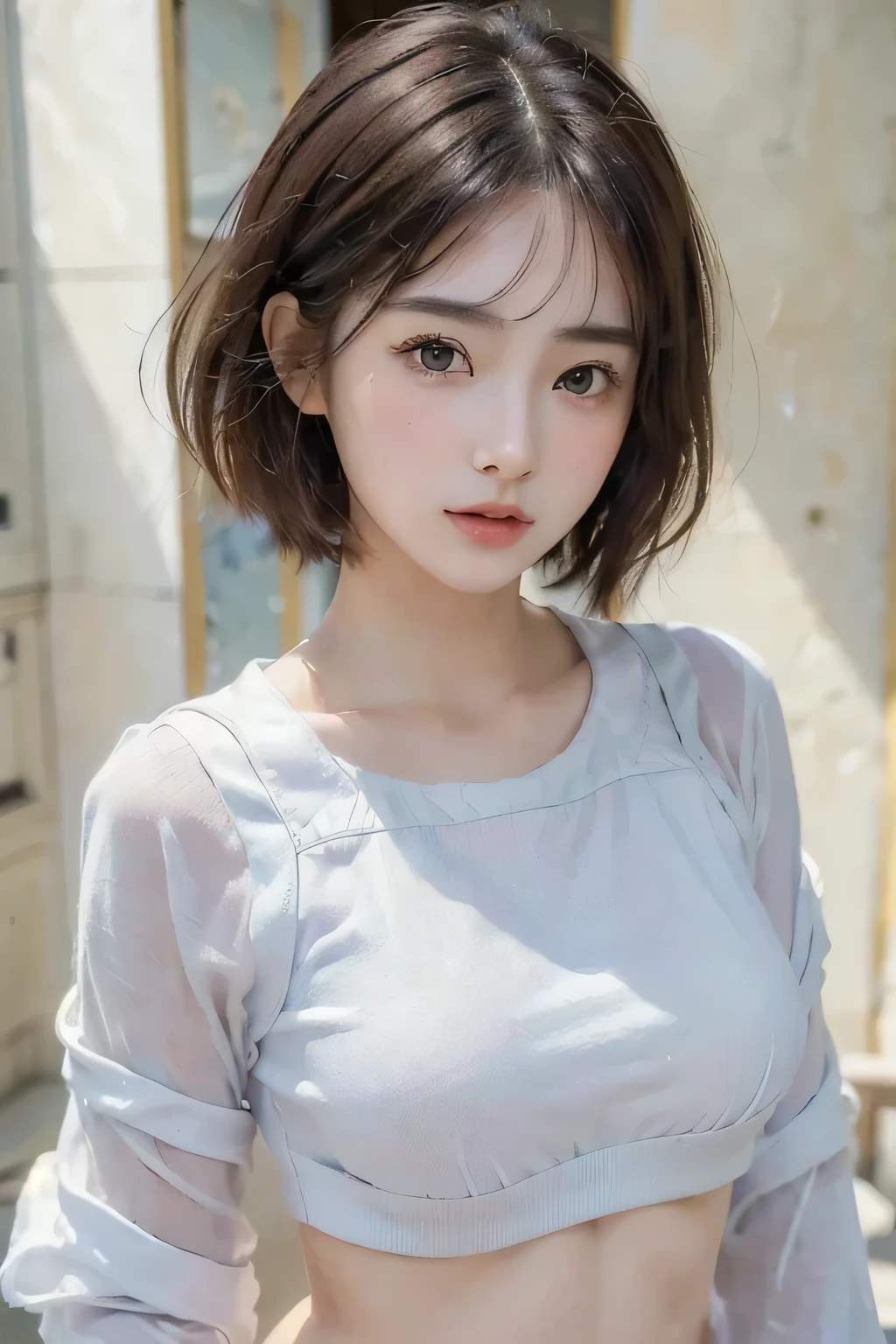 masterpiece、highest quality、High resolution、wallpaper、realistic、bright lighting、professional lighting、face light、smooth lighting、japanese woman、adult woman、Beautiful woman、actresodeled、gravure、sexy、super beautiful、beautiful skin、beautiful and detailed eyes、detailed face、slim、medium big breasts、short hair、brunette colored hair、brown eyes、look at the camera、(Extreme V-neck knitwear)、virgin killer sweater