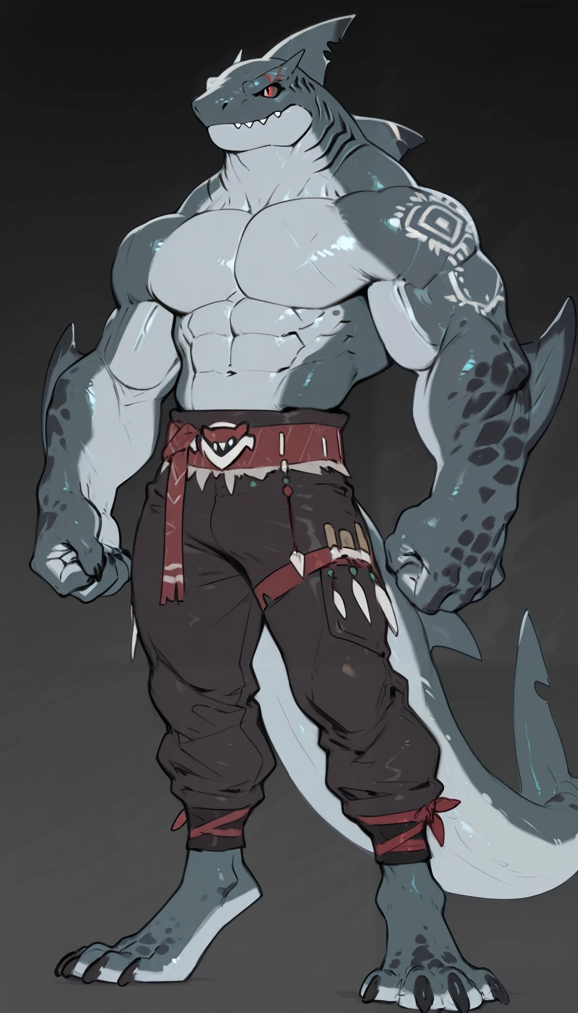 sharkman, anthro megalodon, darker hands and fins, black back, solo, big arms, bara, detailed skin, lizard shark hybrid, anthro, closed mouth, tribal polynesian tattoos, detailed shark skin, scalie arms, fins on arms, gray color body, beefy, thick scales on arms, digitigrade legs, proporcional body, mercenary pants, wide chest, trapezoid body type, marked jaw, thick shark tail, The design incorporates elements from various shark species, such as the dorsal fin, sharp teeth, and muscular build, best quality, sketch, ultra-detailed, by Buta99, by taran fiddler, by honovy, by Riolutiny, detailed illustration of 4K horror, standing ready to fight