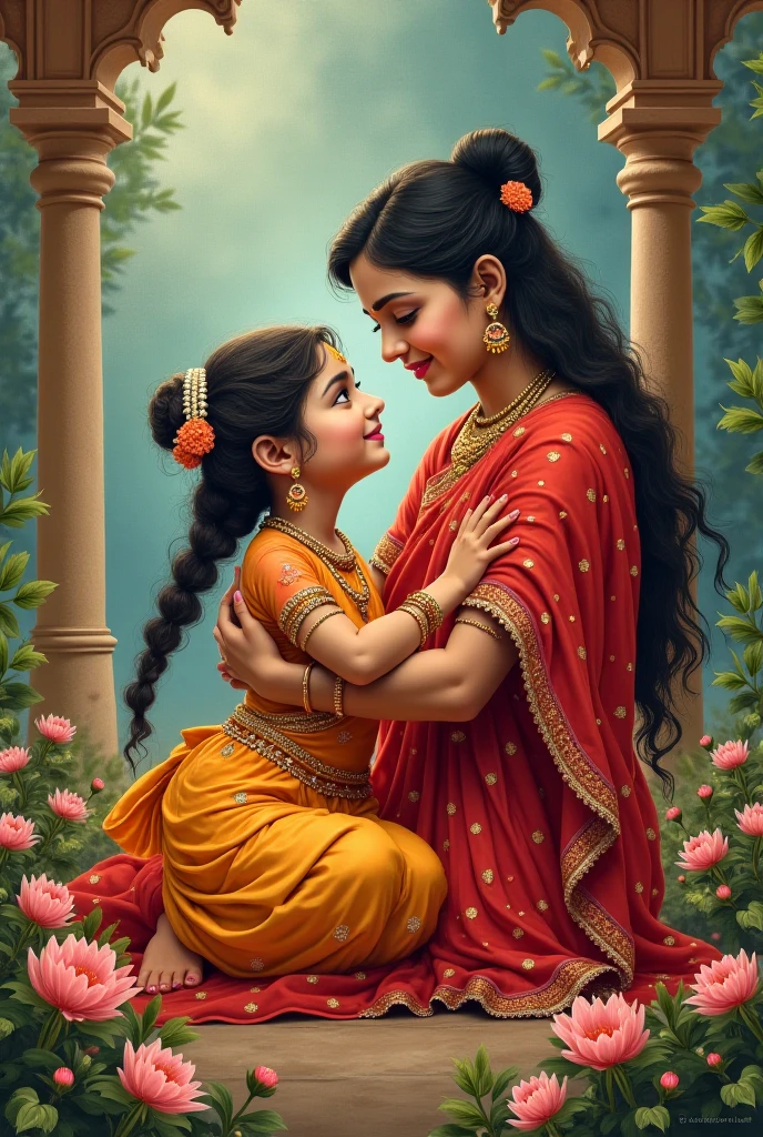 there is a woman holding a child in her arms, adorable digital painting, beautiful digital painting, gorgeous digital painting, painting of beautiful, inspired by Raja Ravi Varma, maternal photography 4 k, inspired by T. K. Padmini, stunning digital painting, beautiful digital artwork, realistic cute girl painting, elegant digital painting, high quality digital painting, style in digital painting