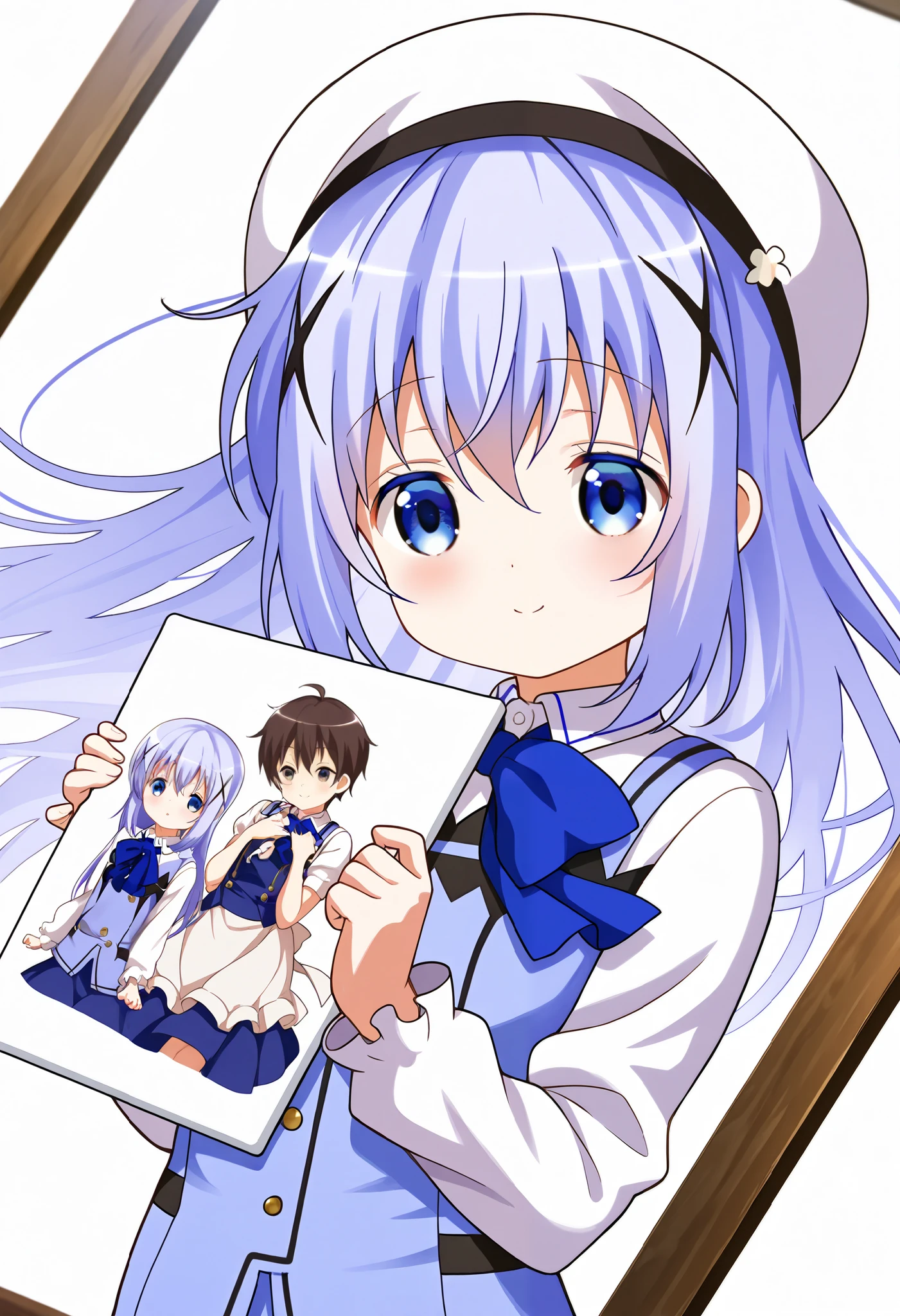 Pure white background , smiling,{White board in front of the chest},{girl with a board}, have a message board, soro,1girl,Very cute ,small breasts ,, one woman ,kafuu chino, Original style, Very high quality, soft to the touch, beautiful,super detailed skin, high resolution, novel illustration, shiny skin,in gochuumon wa usagi desu ka? Style,dynamic pose,