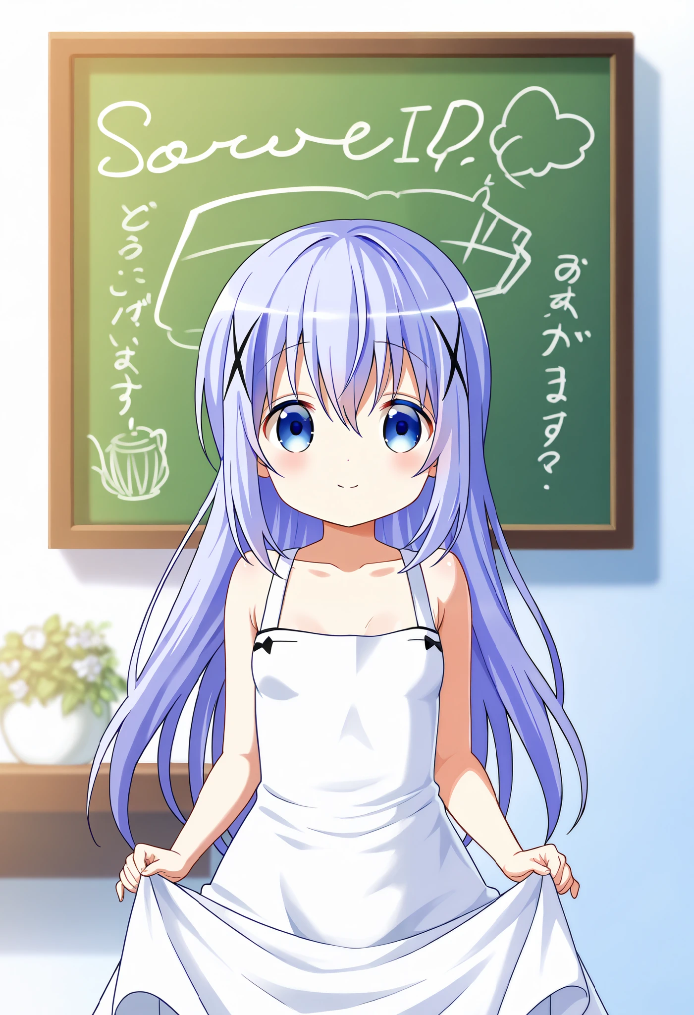 Pure white background , smiling,{White board in front of the chest},{girl with a board}, have a message board, soro,1girl,Very cute ,small breasts ,Junior high school student, one woman ,kafuu chino, Original style, Very high quality, soft to the touch, beautiful,super detailed skin, high resolution, novel illustration, shiny skin,in gochuumon wa usagi desu ka? Style,dynamic pose,