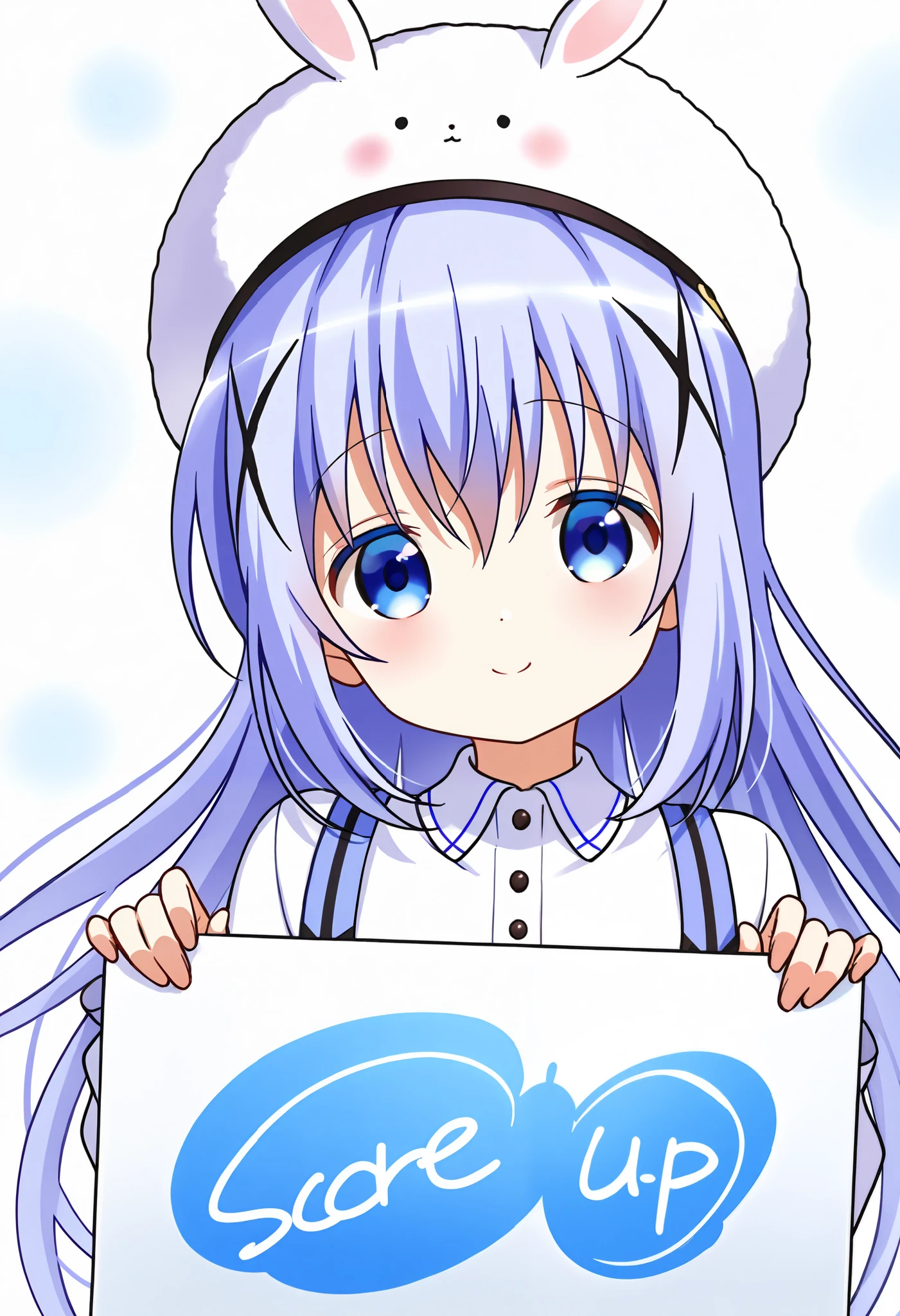 Pure white background , smiling,{White board in front of the chest},{girl with a board}, have a message board, soro,1girl,Very cute ,small breasts ,, one woman ,kafuu chino, Original style, Very high quality, soft to the touch, beautiful,super detailed skin, high resolution, novel illustration, shiny skin,in gochuumon wa usagi desu ka? Style,dynamic pose,