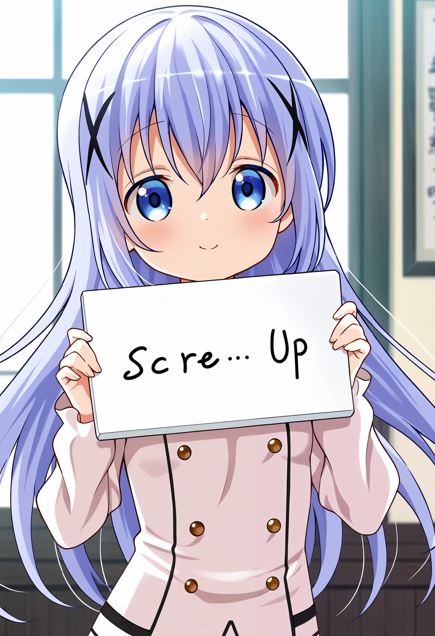 Pure white background , smiling,{White board in front of the chest},{girl with a board}, have a message board, soro,1girl,Very cute ,small breasts ,Junior high school student, one woman ,kafuu chino, Original style, Very high quality, soft to the touch, beautiful,super detailed skin, high resolution, novel illustration, shiny skin,in gochuumon wa usagi desu ka? Style,dynamic pose,